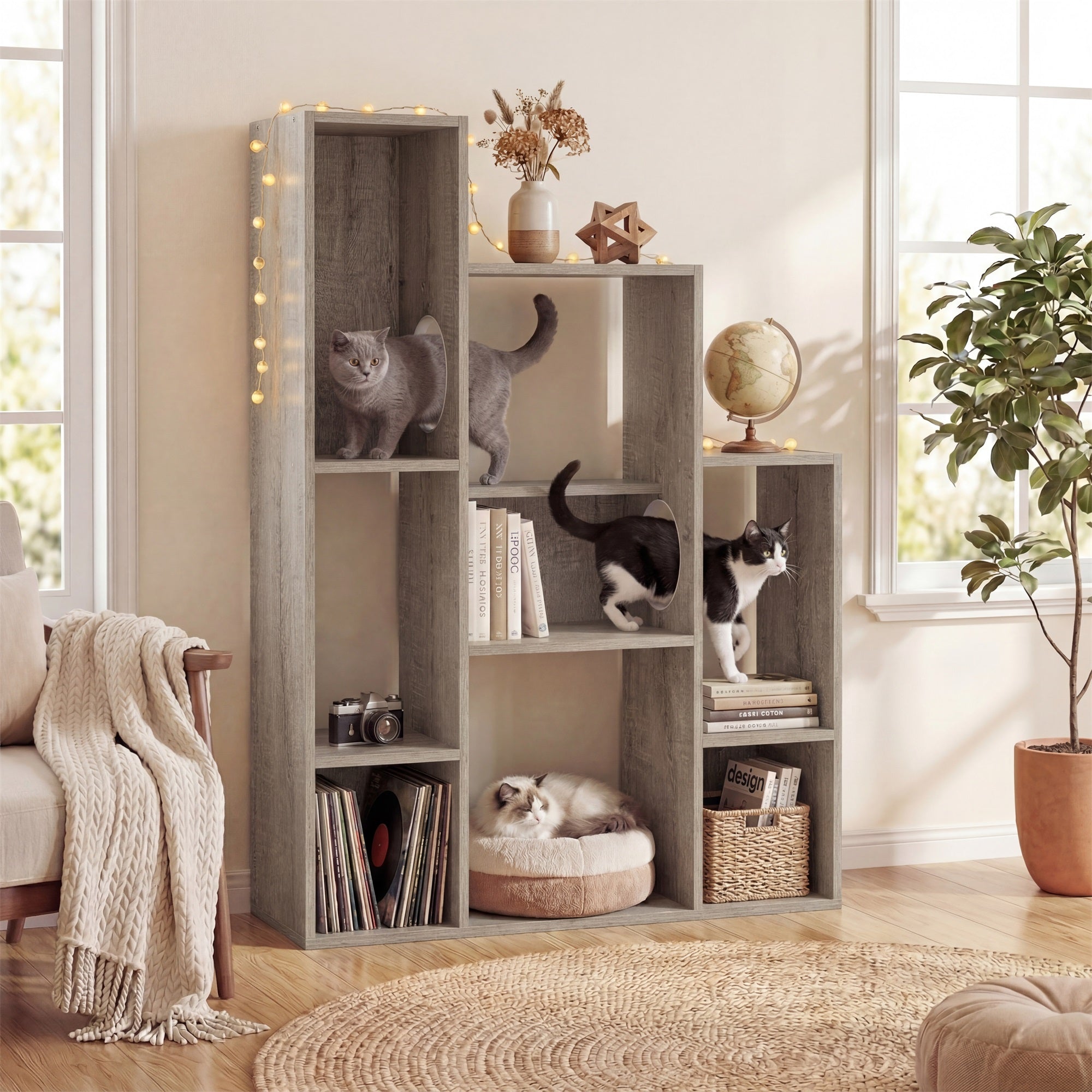 ELLEGNT 8?Shelf Cat Tree Cabinet-Wooden, 2 Cat Holes, Anti?Tipping, Multi?Tier Storage for Living Room, Bedroom, Office, Gray Oak