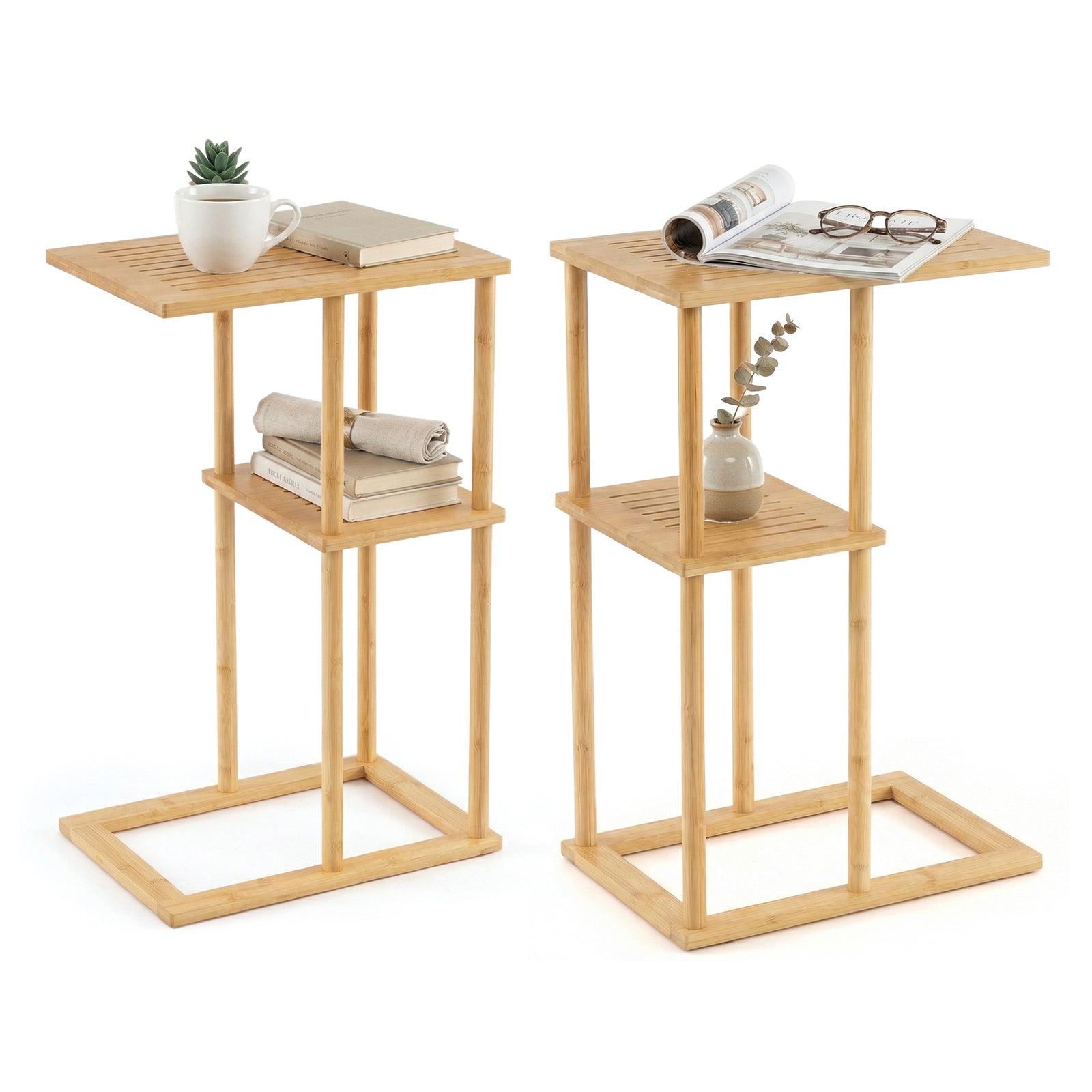 ELLEGNT Bamboo Side Table Set of 2-End Tables with Storage Shelves for Living Room