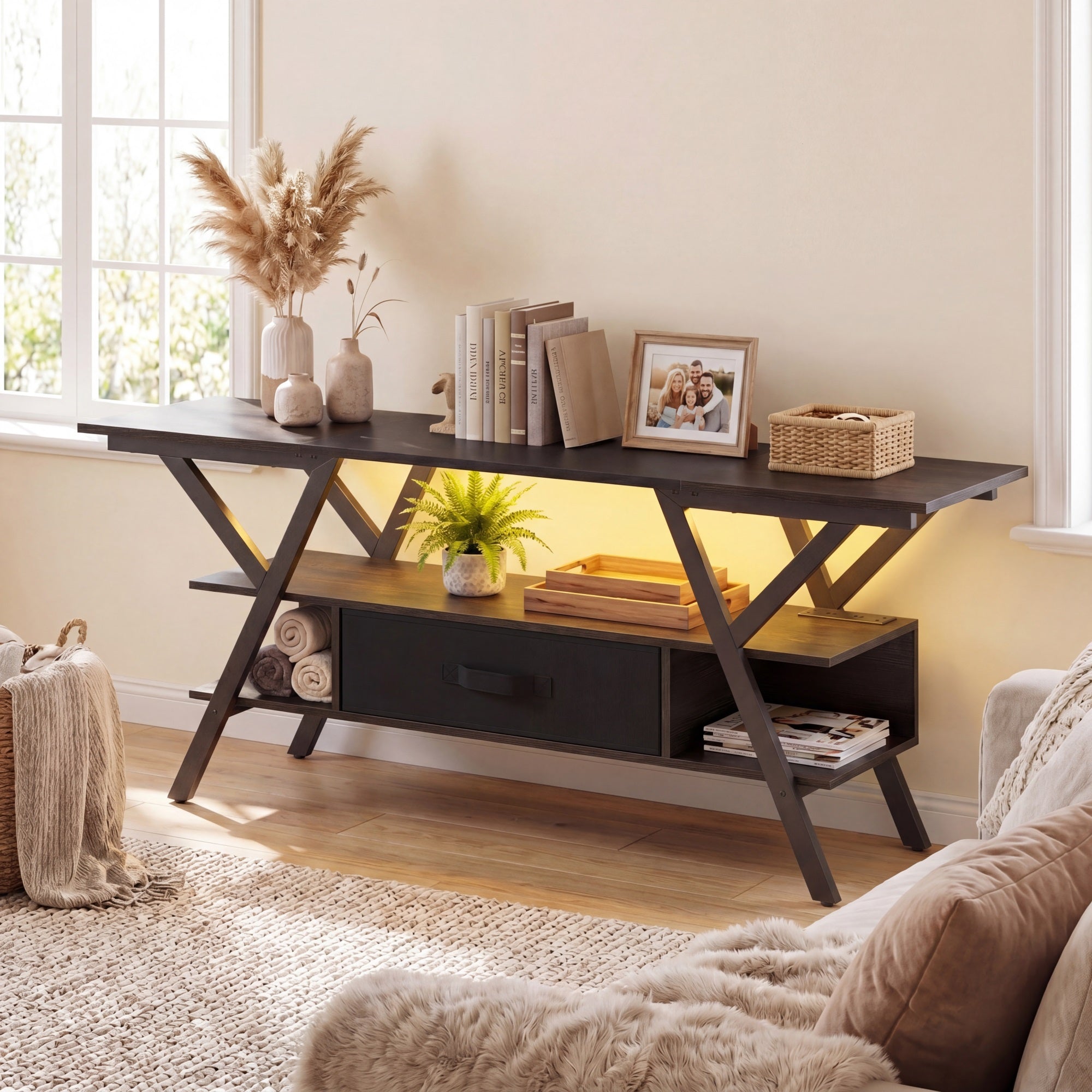 ELLEGNT TV Stand for 65 in TVs-3?Tier with Power Outlets, LED Lights, and Remote Storage Shelves, Black