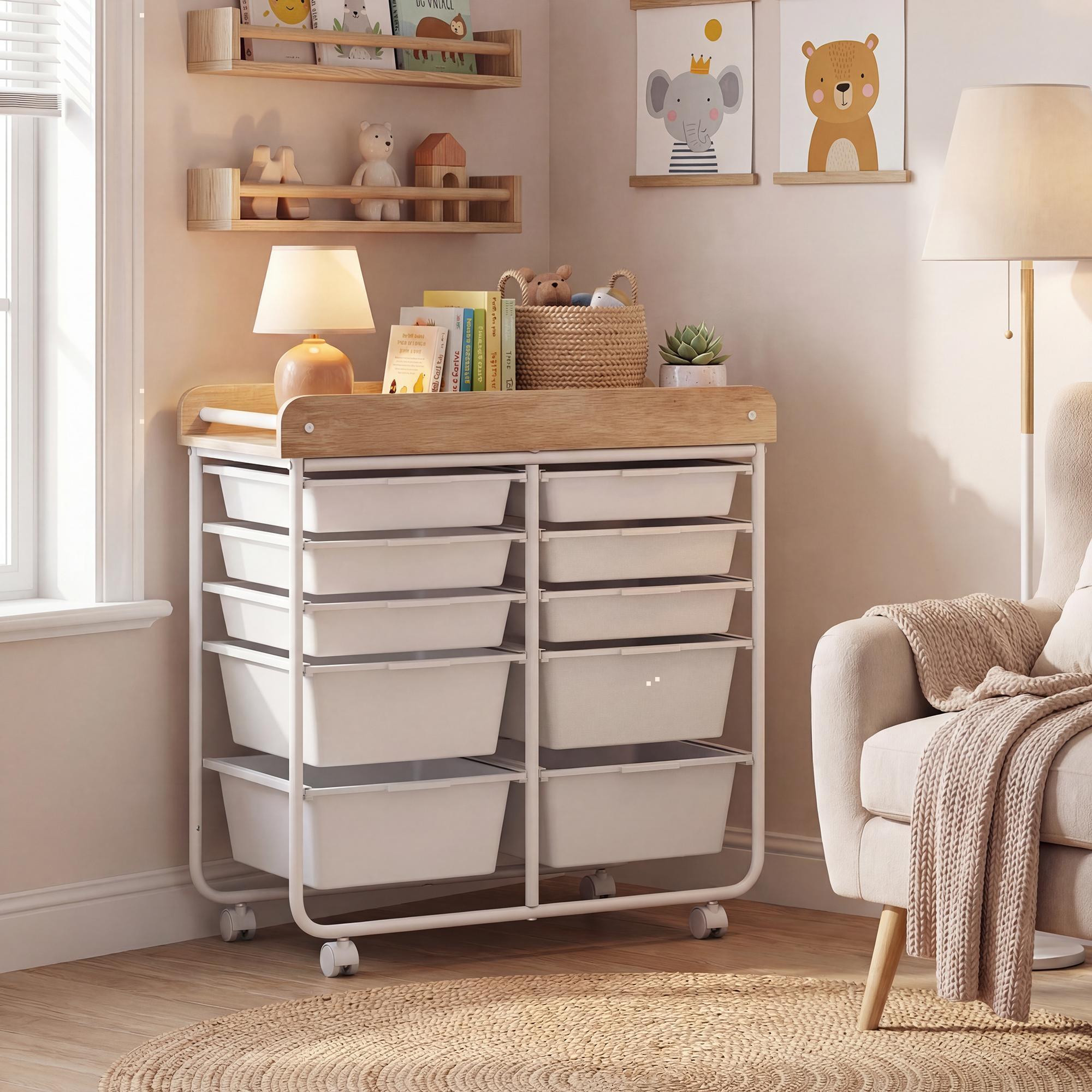 ELLEGNT Rolling 10-Drawer Art Cart-Wood Top, Lockable Wheels, Metal Frame, Natural + White