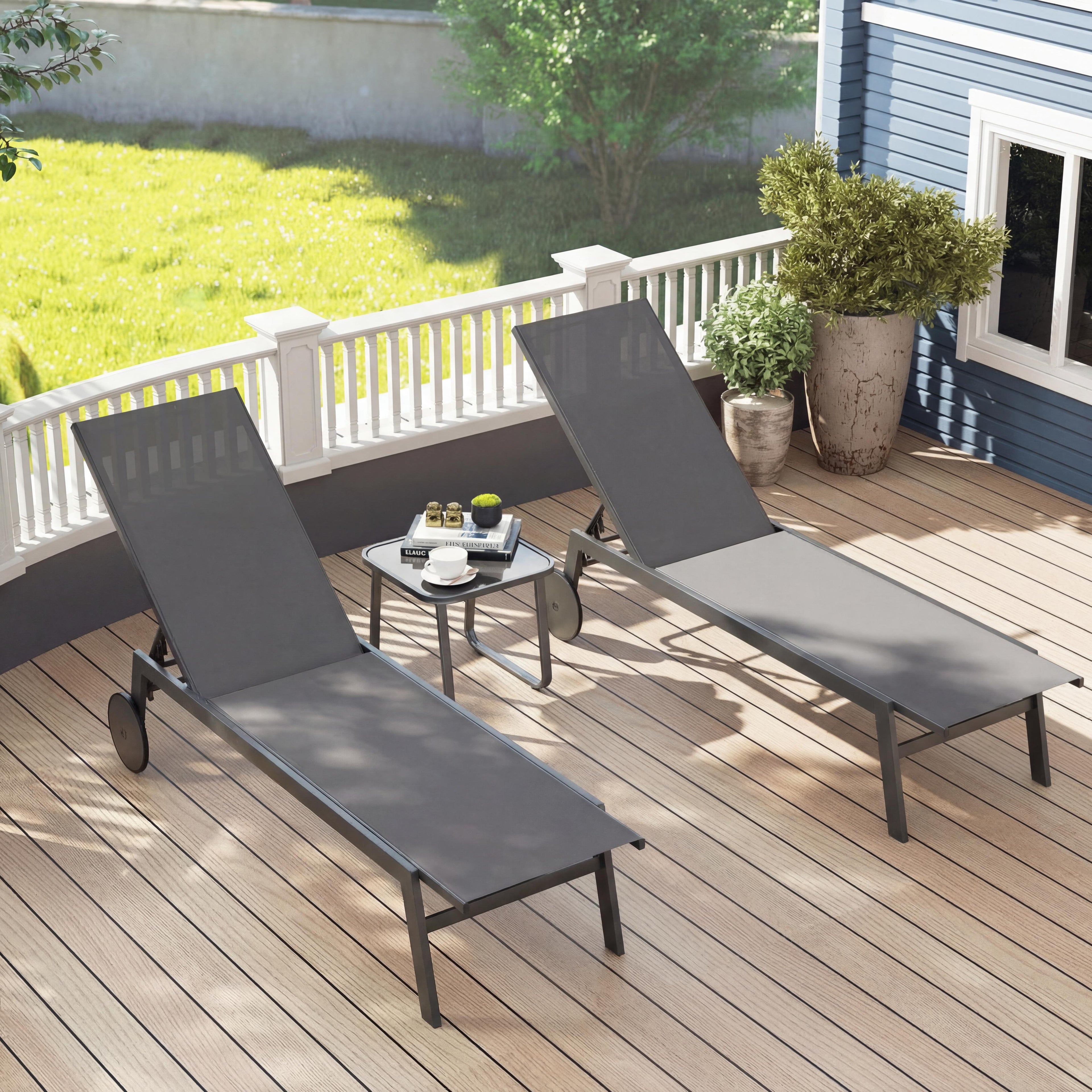 ELLEGNT 2 PCS Breathable Seat Patio Chaise Lounge with Wheels, 6-Position Adjustable Backrest for Poolside Gray