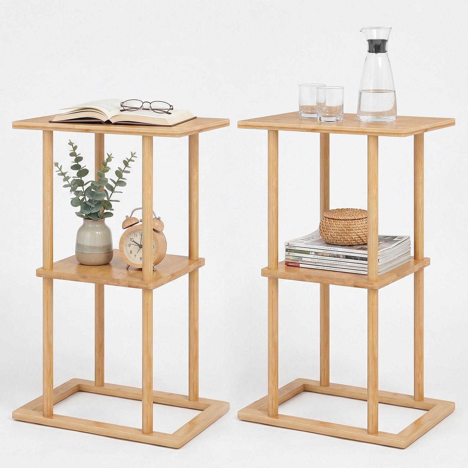 ELLEGNT Set of 2 Bamboo Side Tables with Storage Shelves-Small End Tables for Living Room, Bedroom, or Apartment