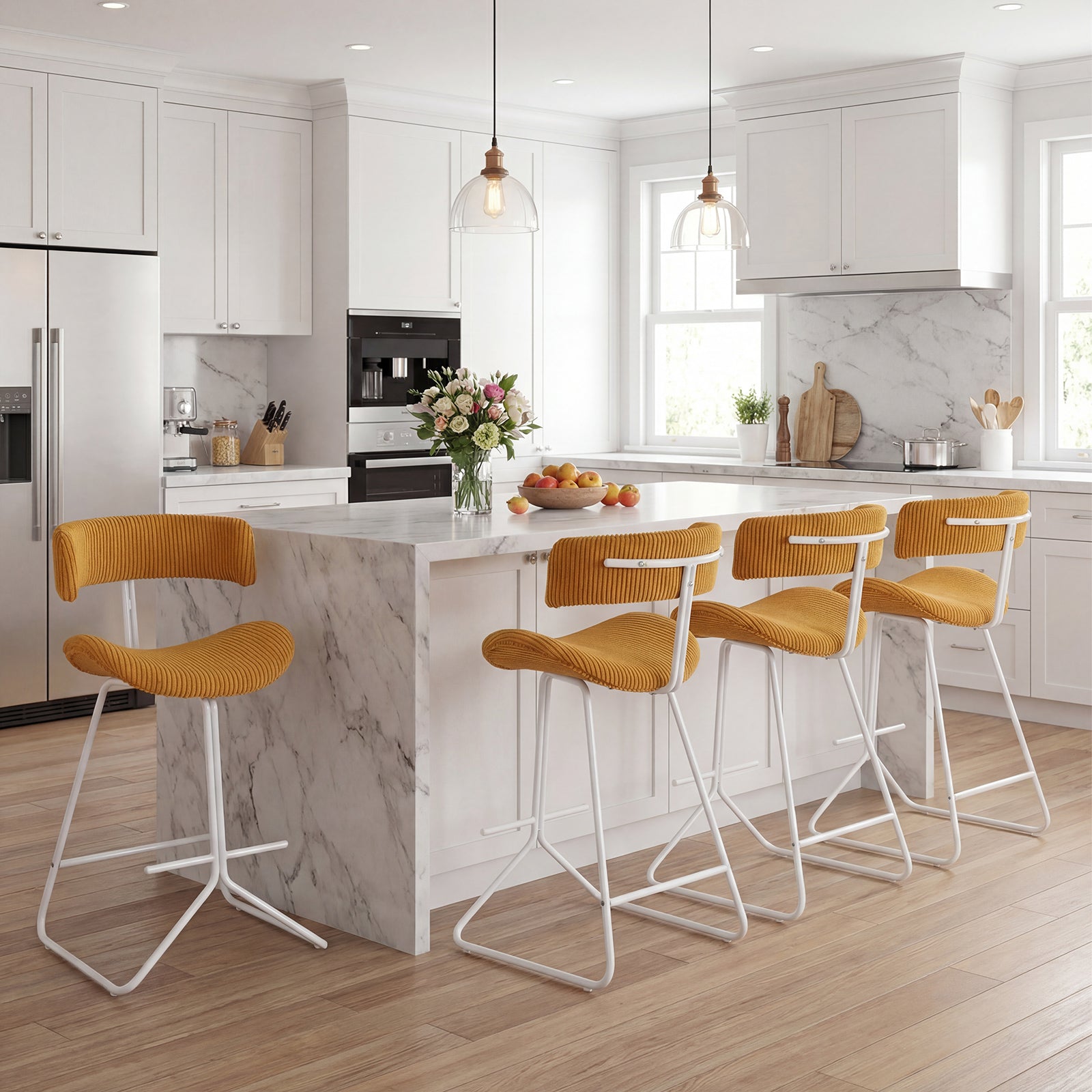 ELLEGNT 4 PCS Counter Height Stools-Curved Backrest, Padded Seat, Heavy Duty Metal Legs, Built-in Footrest