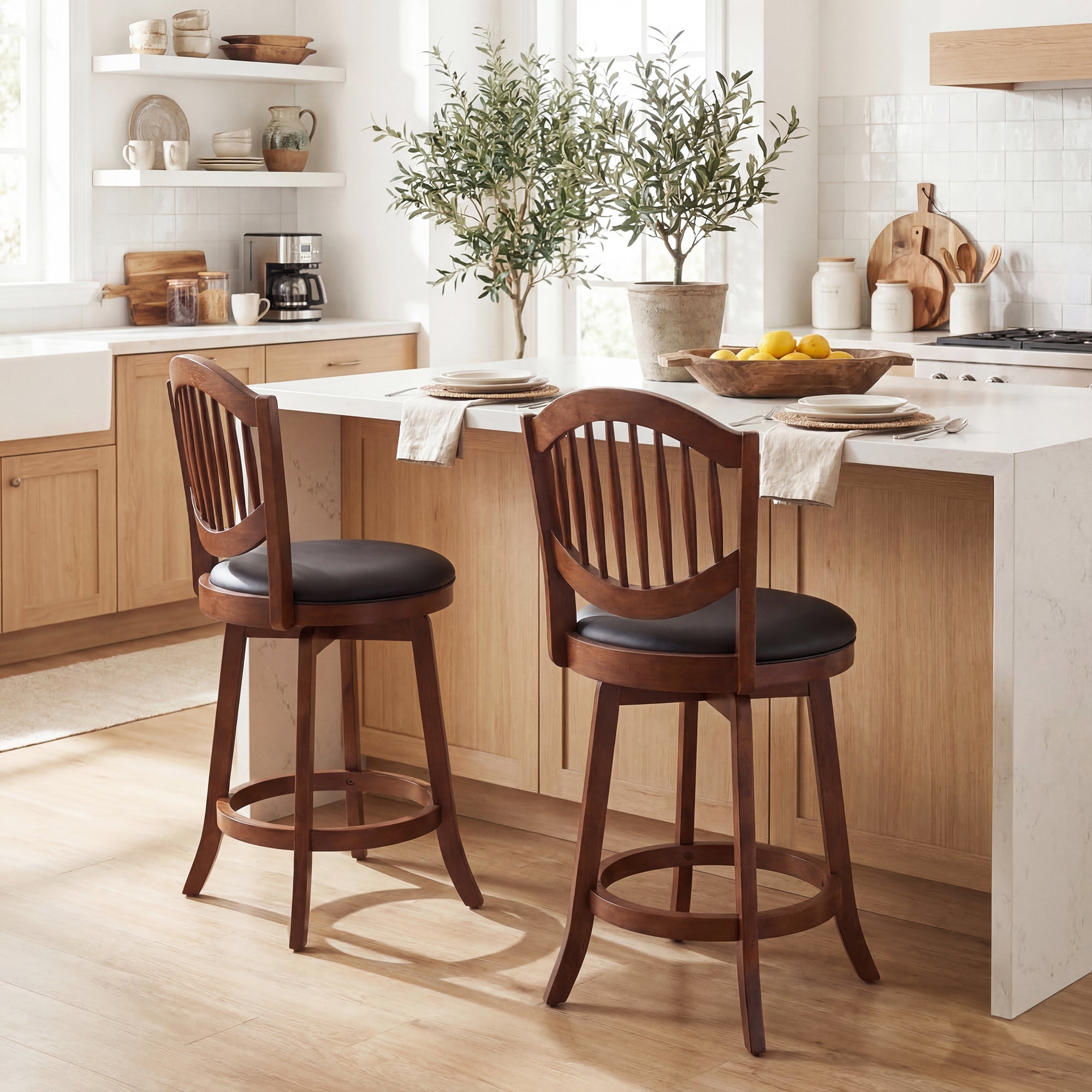 ELLEGNT 2 PCS 25 in Swivel Barstools-Counter Height with Backrest, Wood Frame, for Kitchen Island Espresso and Black