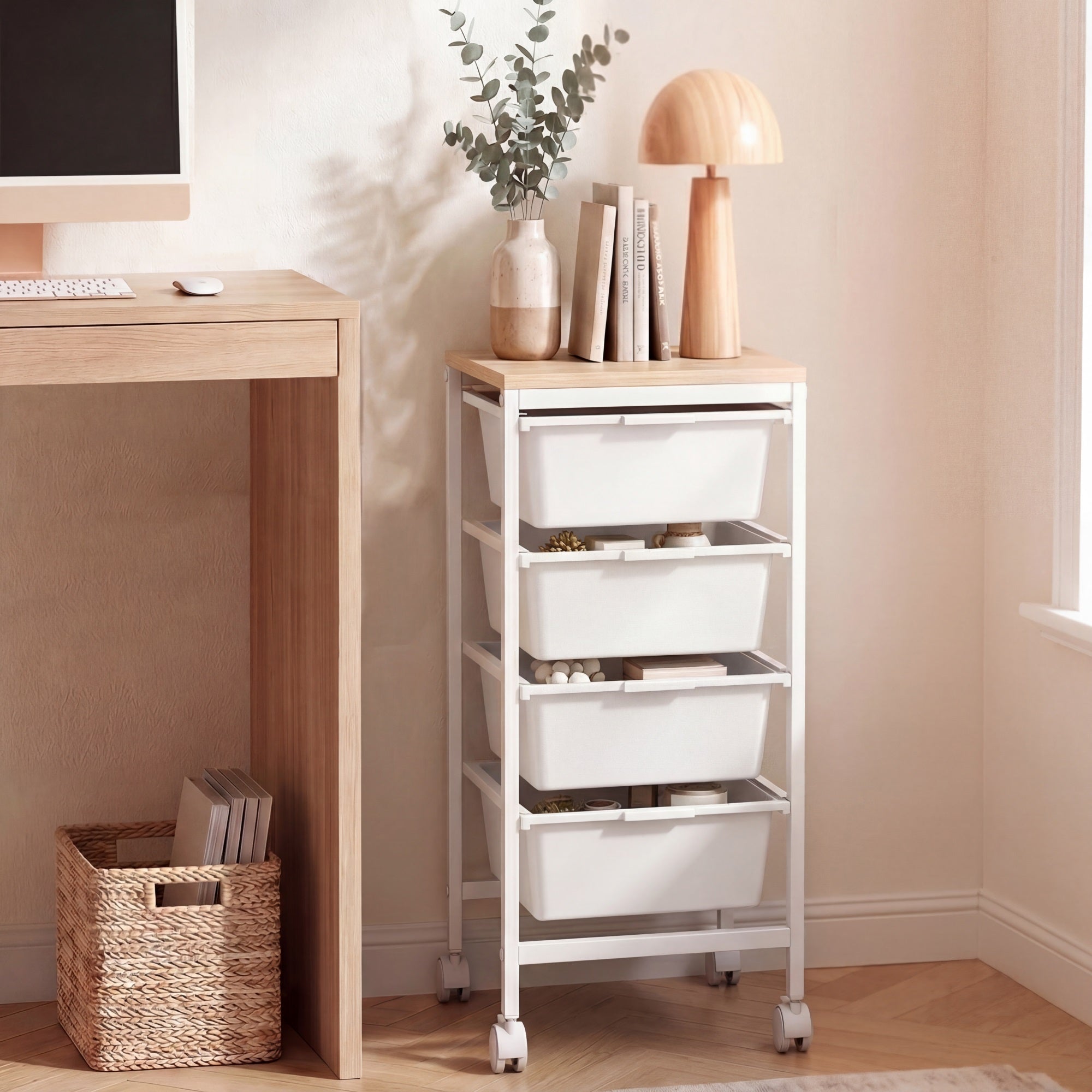 ELLEGNT Wooden Top Rolling Storage Cart-4 Drawers, Lockable Casters, Metal Frame, for Art and Craft, Natural + White