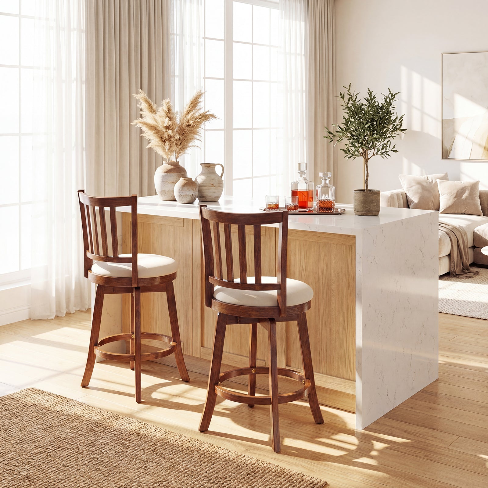 ELLEGNT 2 PCS 25 in Upholstered Swivel Barstools with Backrest and Footrest for Counter Height