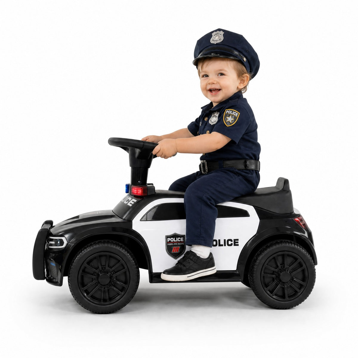 ELLEGNT Black Police Push Ride On Car for Toddlers 18M+, Steering Wheel, Lights, Sounds, Storage