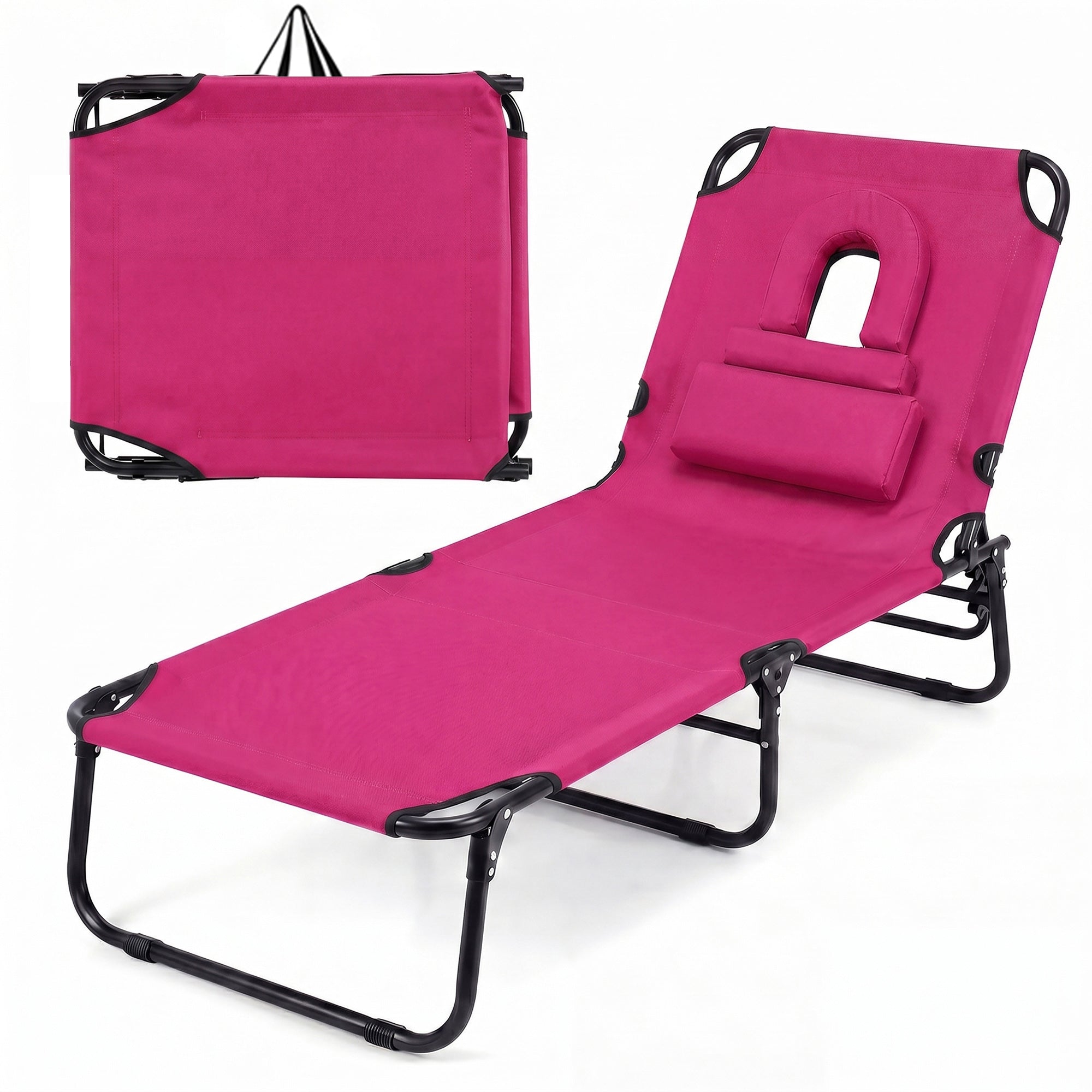 ELLEGNT 1 PCS Beach Lounger with 4?Position Reclining Backrest, Removable Pillows and Face Hole-Folding Design, Pink