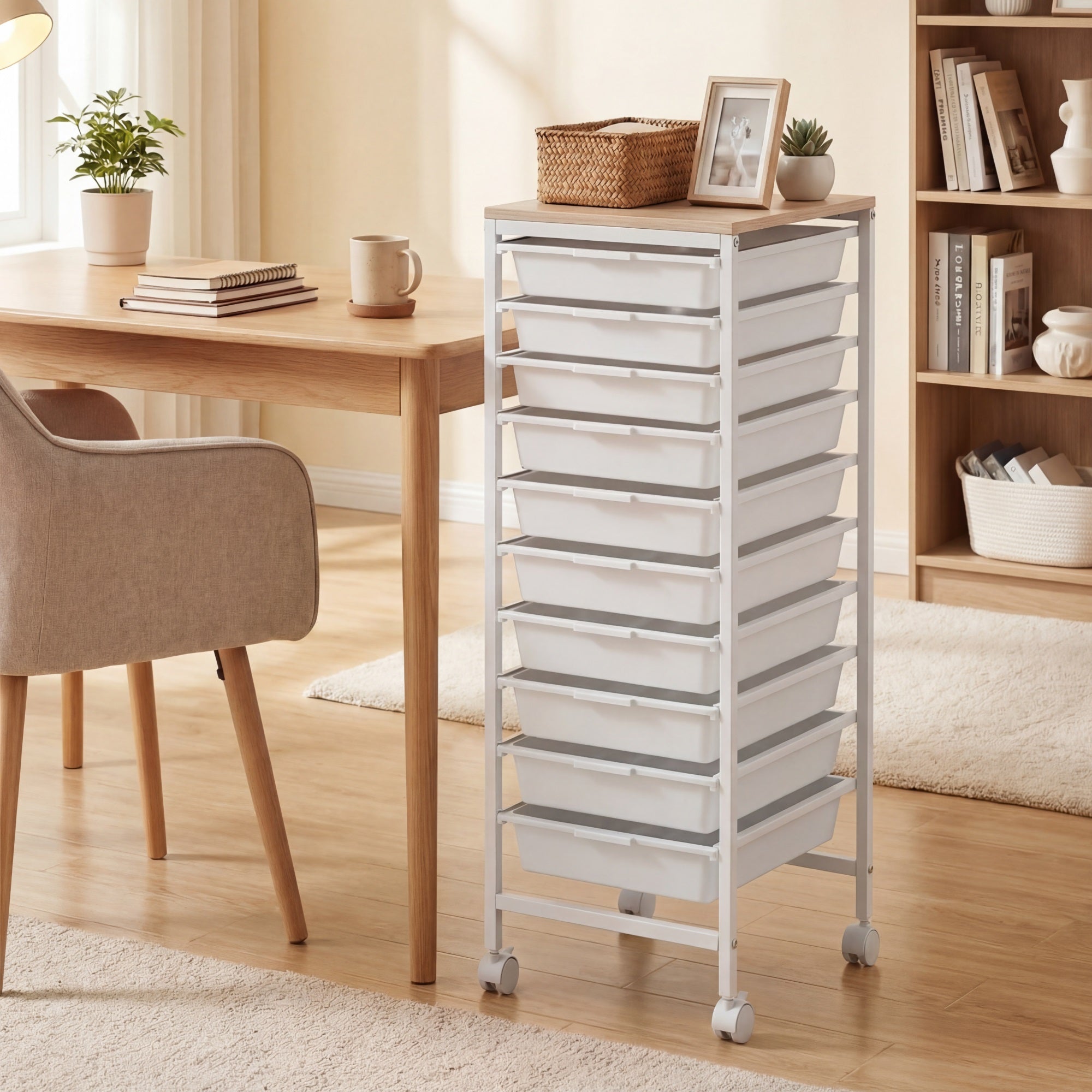 ELLEGNT Wooden Top Rolling Storage Cart-10 Drawers, Lockable Casters, Metal Frame, for Art and Craft, Natural + White