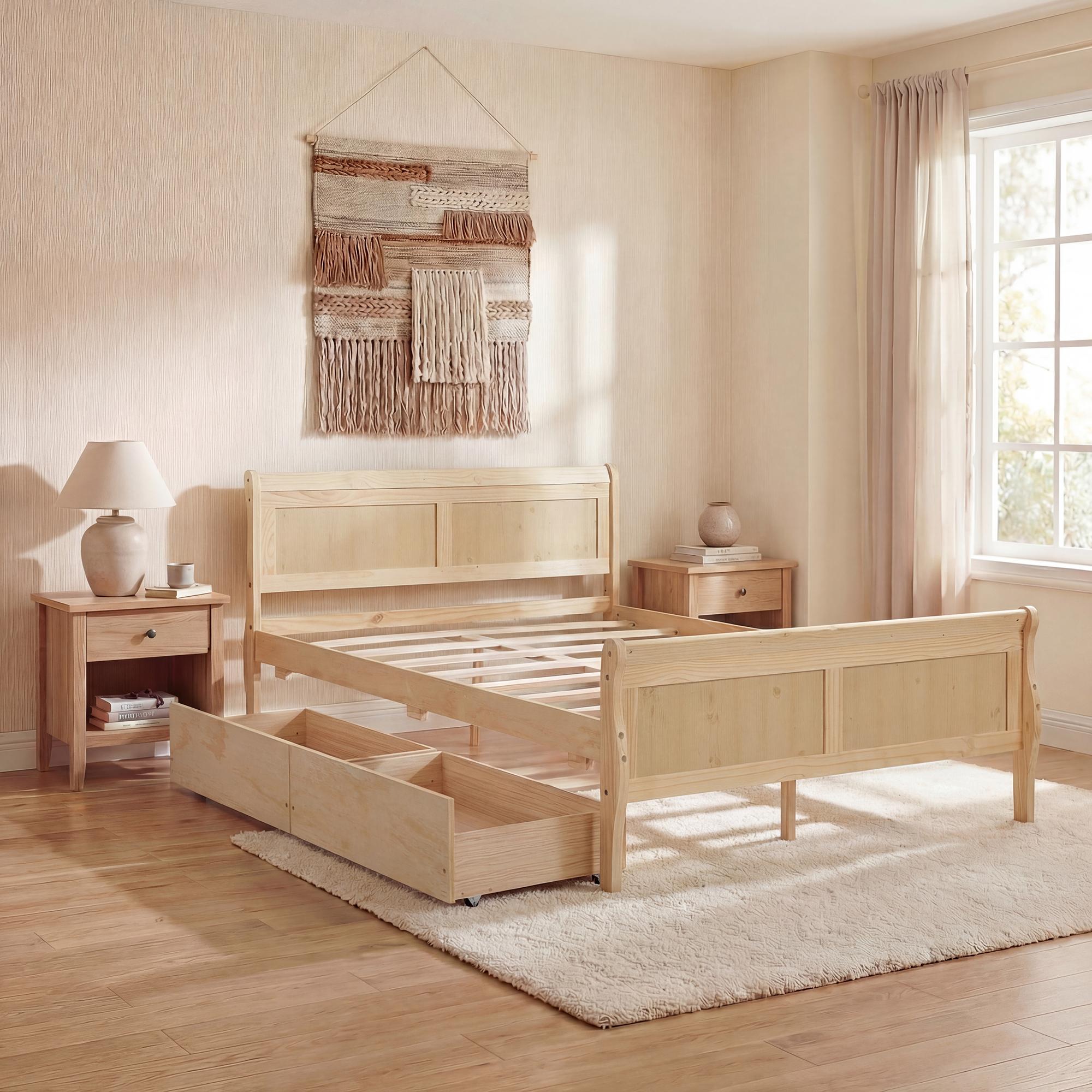 ELLEGNT Wooden Storage Bed-Full Size Platform Bed Frame with Headboard, Footboard and Drawers Natural