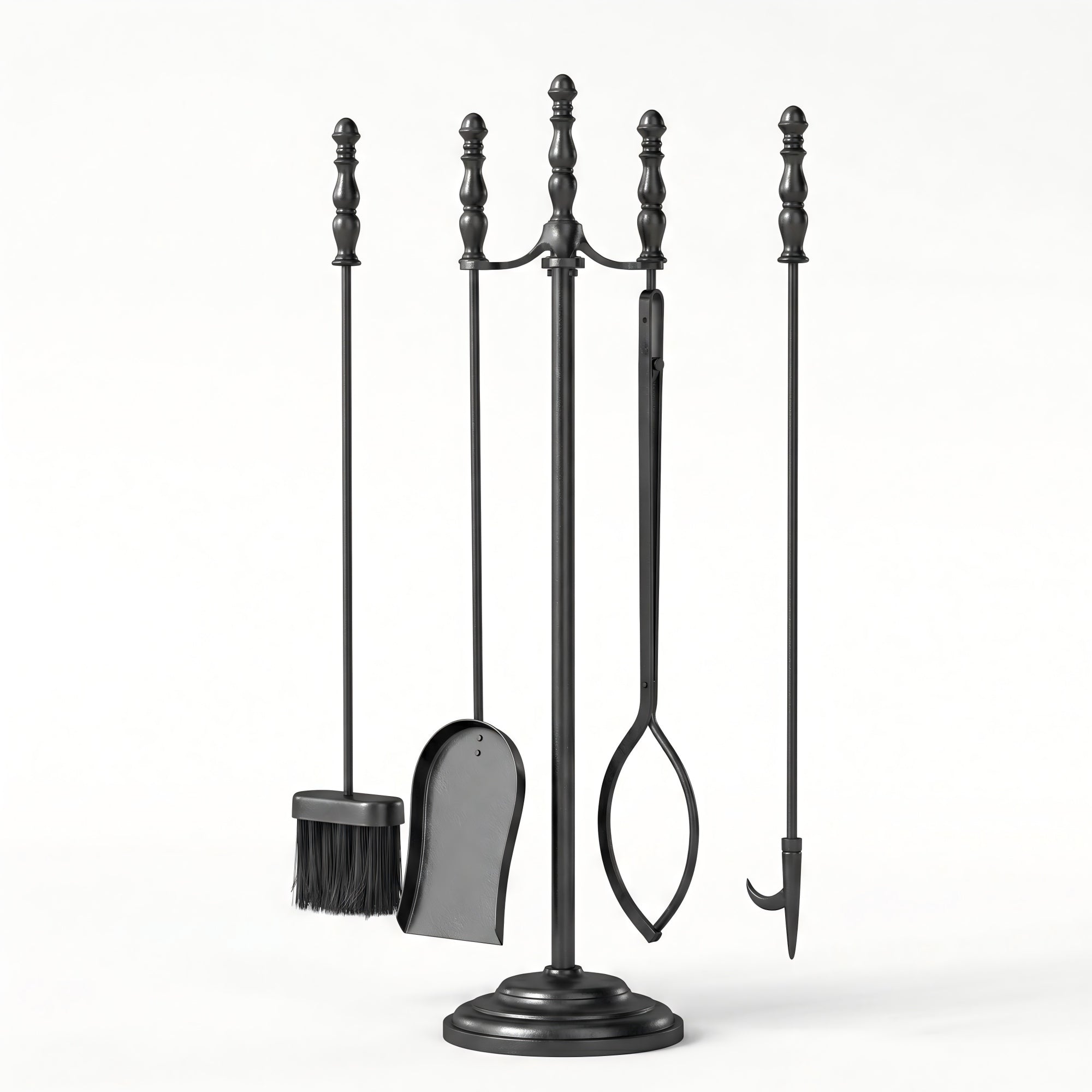 ELLEGNT 5 PCS Round Stand Fireplace Tool with Poker, Tongs, Brush and Shovel, Black