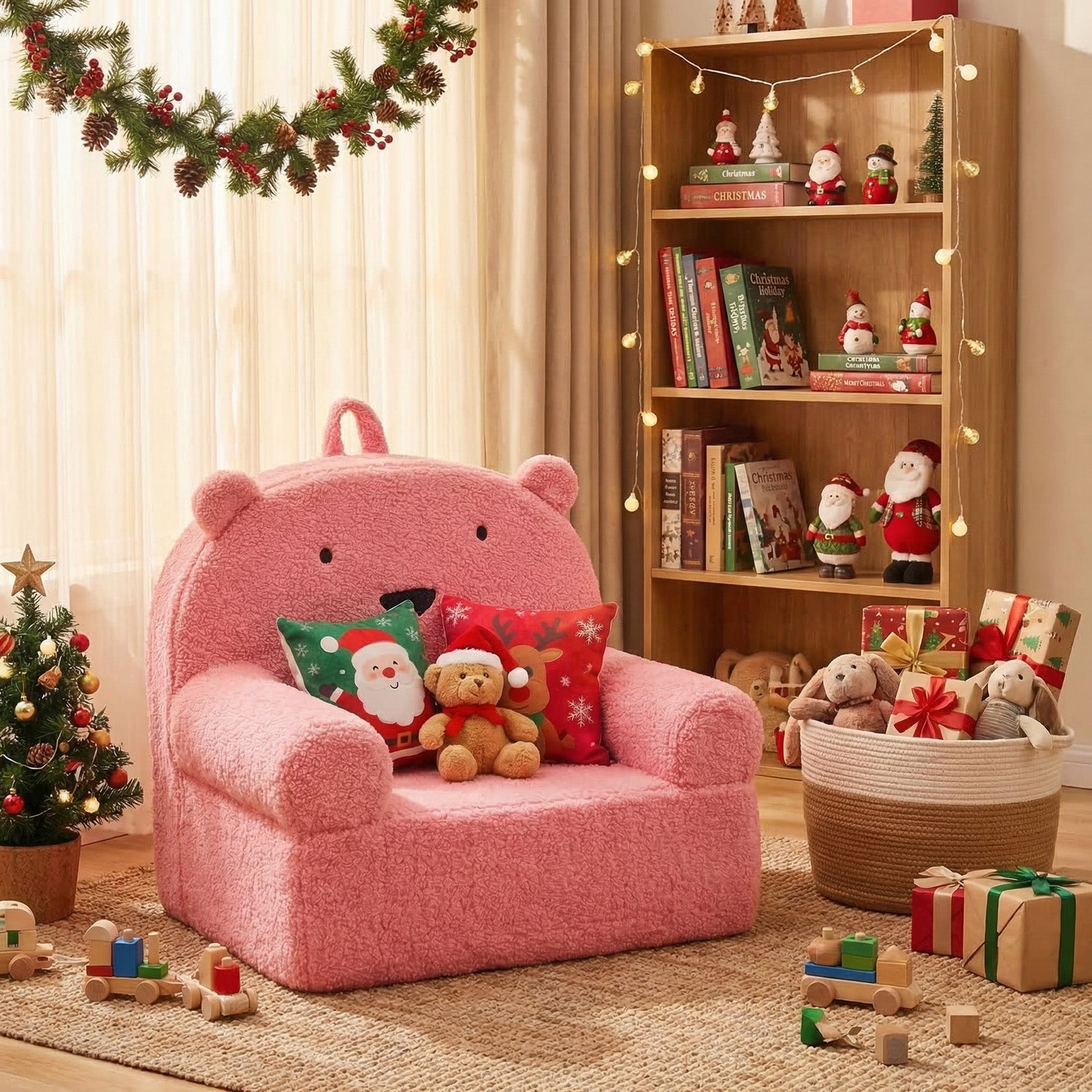 ELLEGNT Kids Bear Foam Sofa-Toddler Couch with Soft Fleece Cover for Playroom Pink