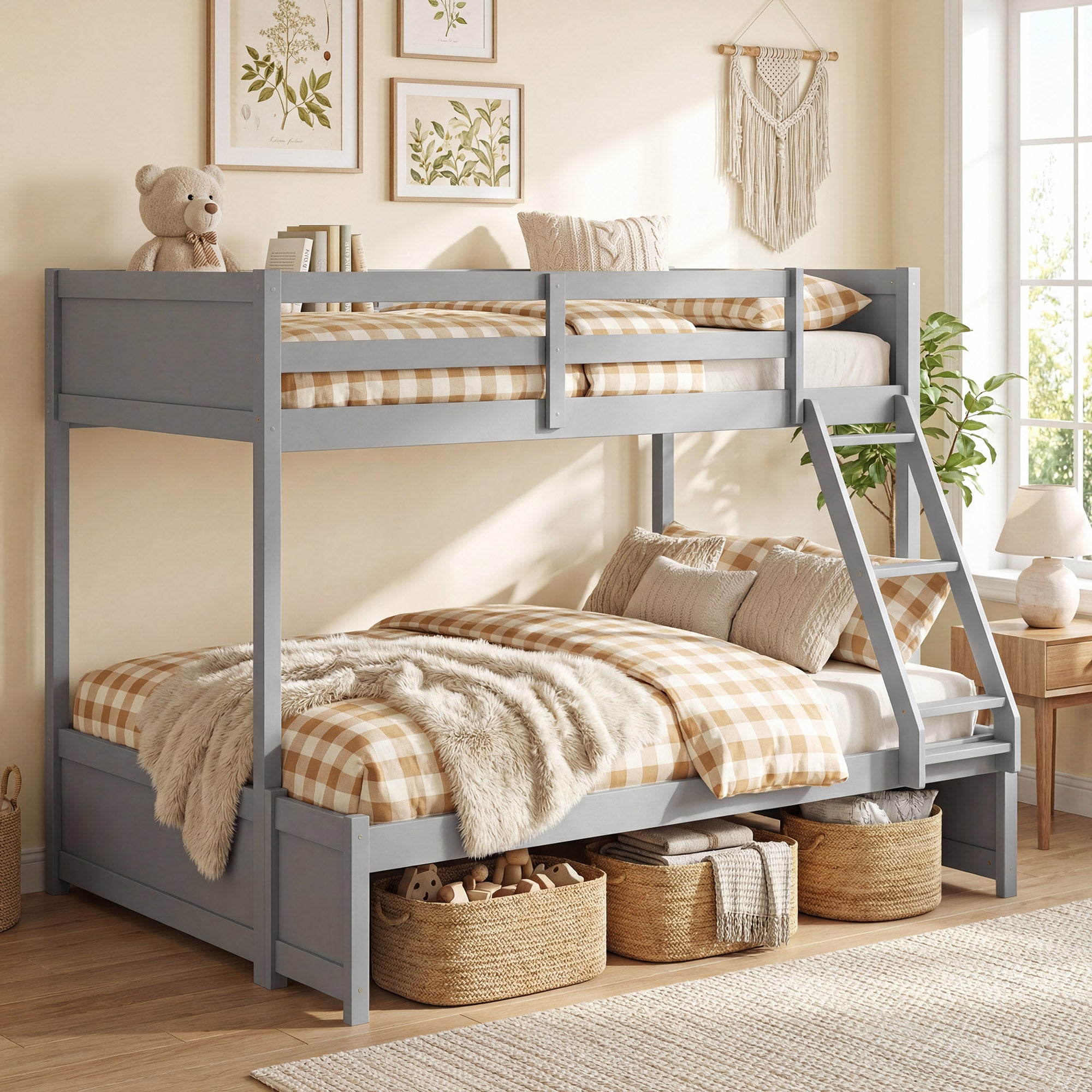 ELLEGNT Twin Over Full Bunk Bed for bedroom,Space-Saving Design with 3-Step Ladder, Full-Length Safety Guardrails, and 21 Reinforced Wood Slats, Gray