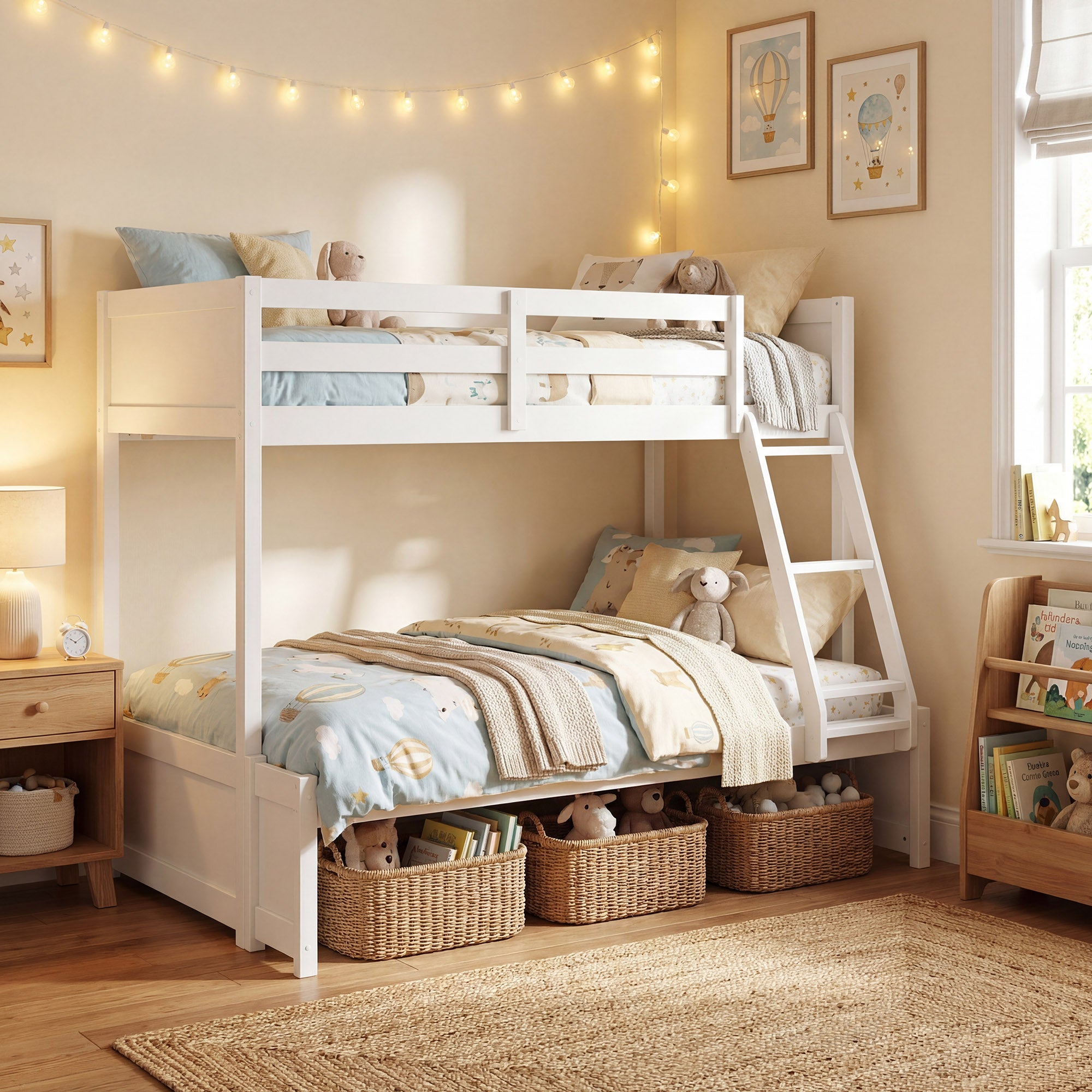 ELLEGNT Twin Over Full Bunk Bed for bedroom,Space-Saving Design with 3-Step Ladder, Full-Length Safety Guardrails, and 21 Reinforced Wood Slats, White