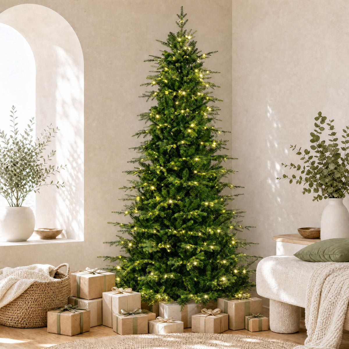 ELLEGNT 9 ft Pre-Lit Hinged Artificial Christmas Tree, LED Lights, Remote, Stand