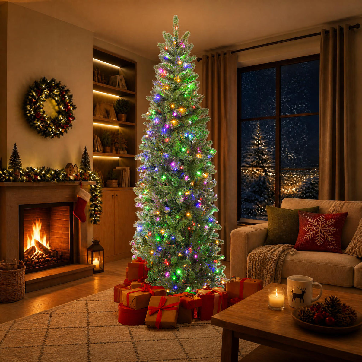 ELLEGNT 7.5 ft Hinged Pre-Lit Artificial Christmas Tree LED Lights Metal Stand Green
