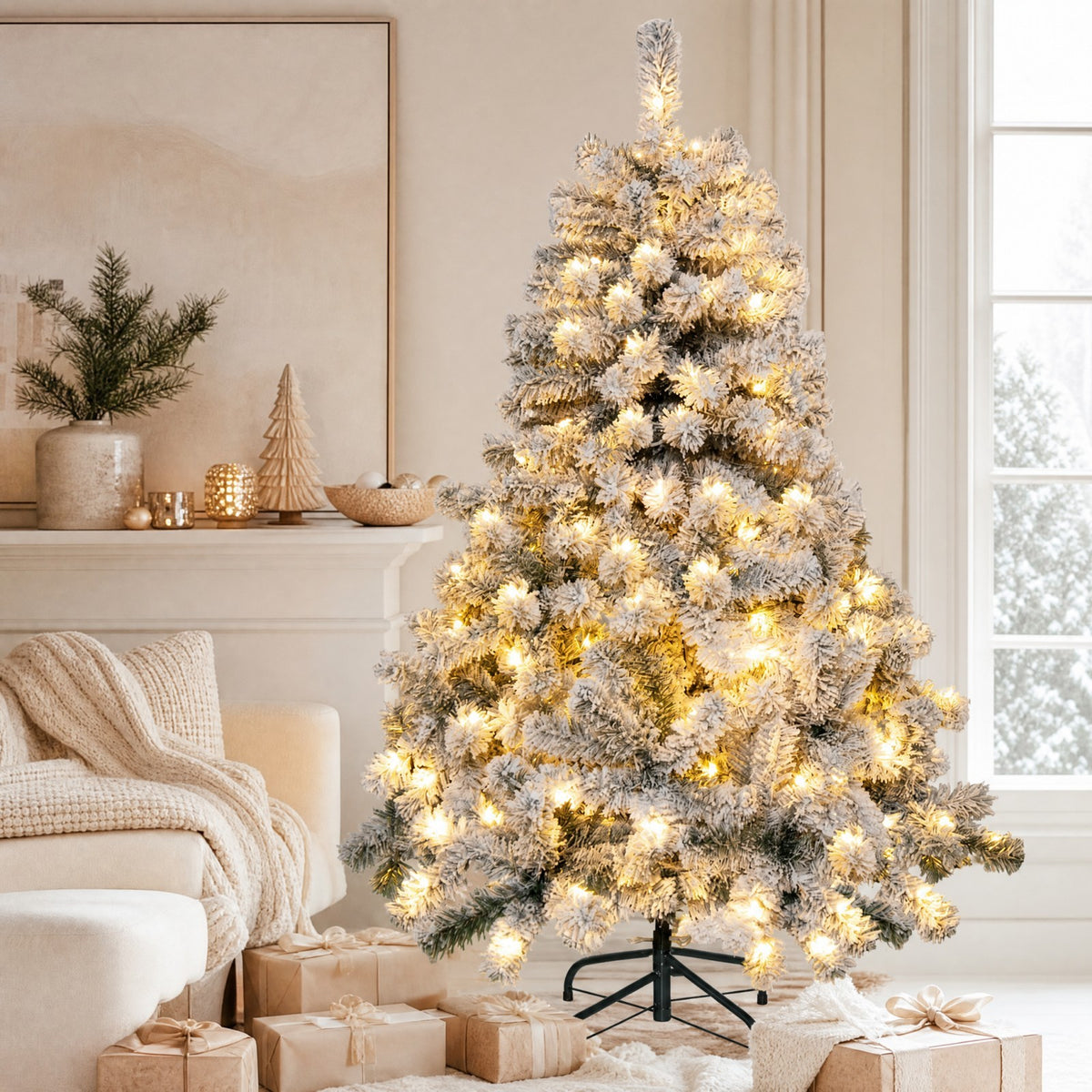 ELLEGNT 4.5 FT Hinged Artificial Flocked Christmas Tree with 150 Warm White LEDs and 295 Tips