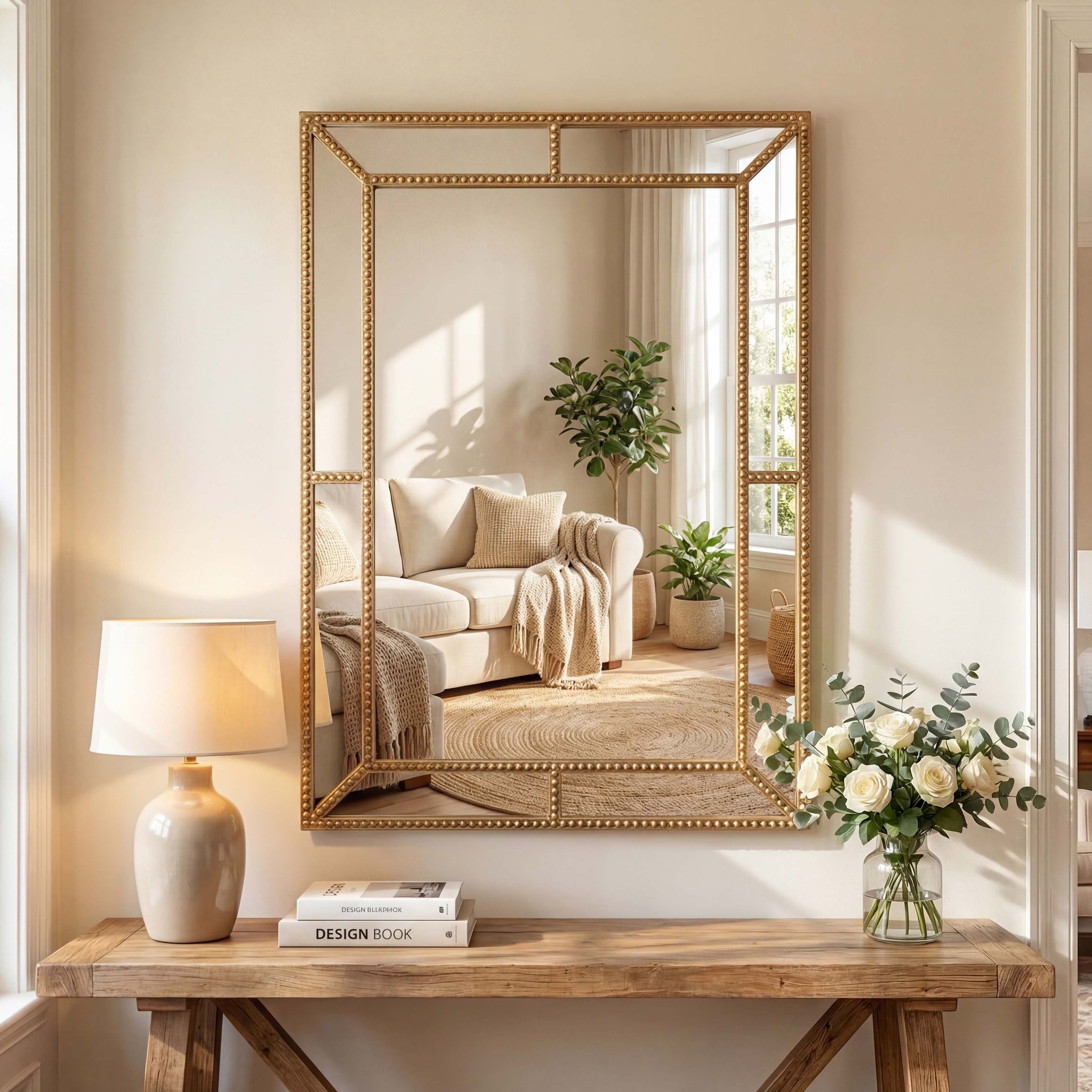 ELLEGNT 36 in x 24 in Gold Wall Mirror with Beaded Frame-Ornate Decorative Mirror for Living Room, Entryway, or Fireplace Mantel