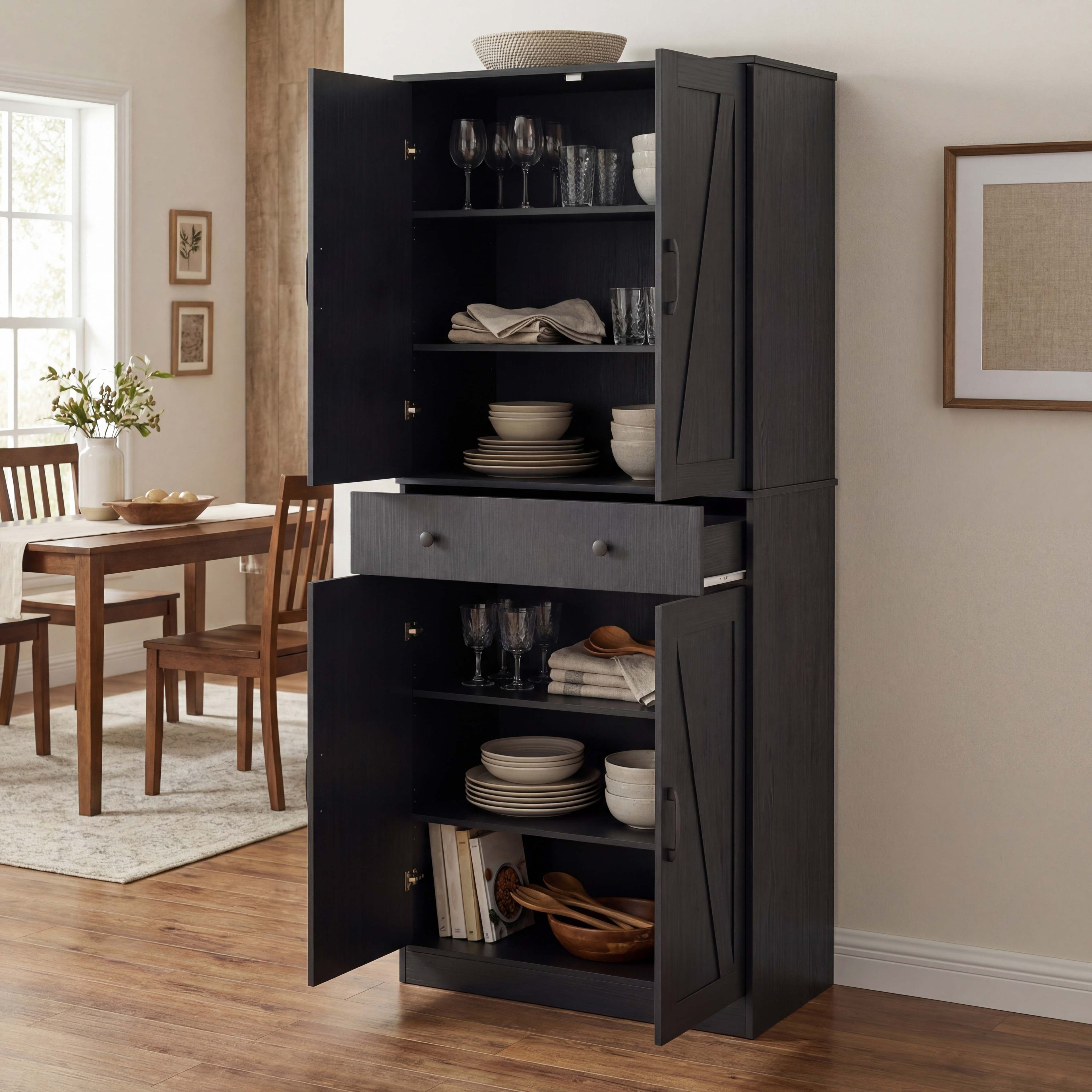 ELLEGNT 72 in Farmhouse Pantry Cabinet-Tall Kitchen Cupboard with 4 Barn Doors Black