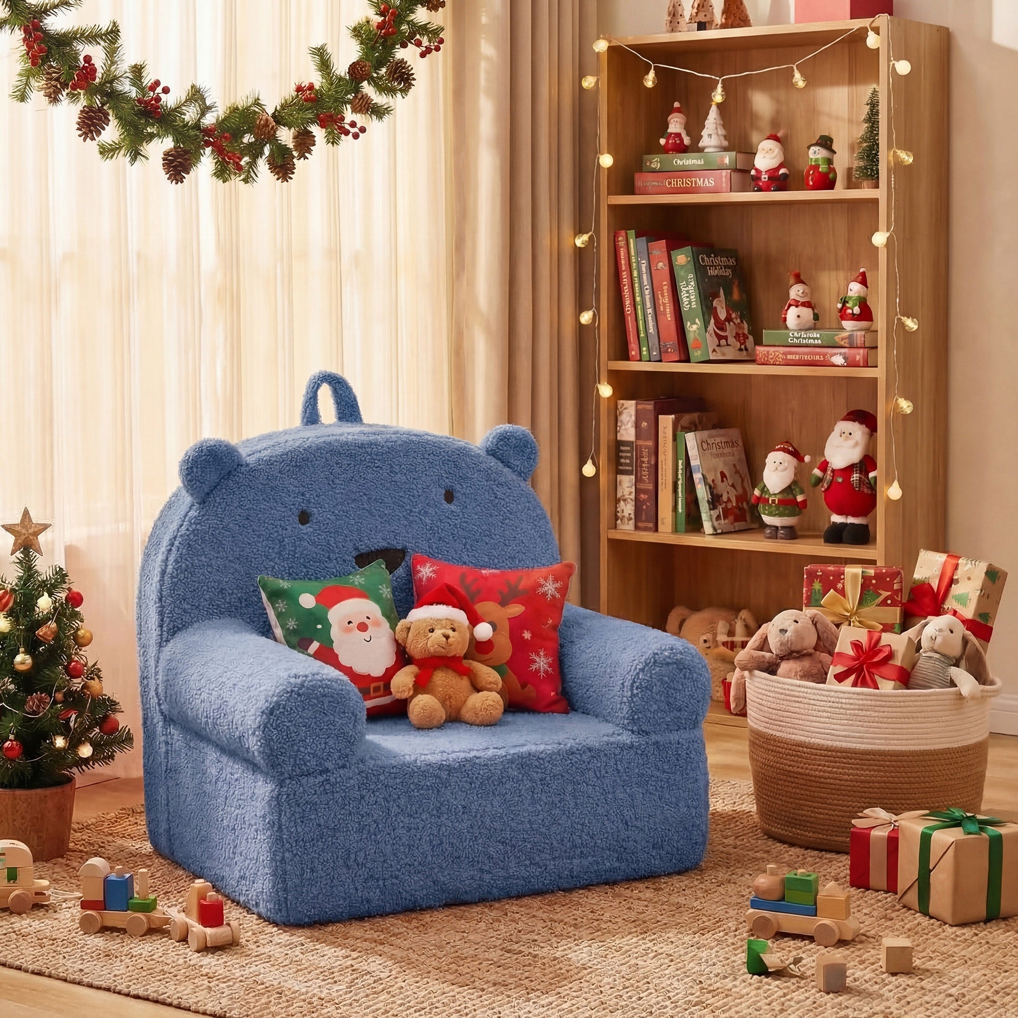 ELLEGNT Kids Bear Foam Sofa-Toddler Couch with Soft Fleece Cover for Playroom Navy