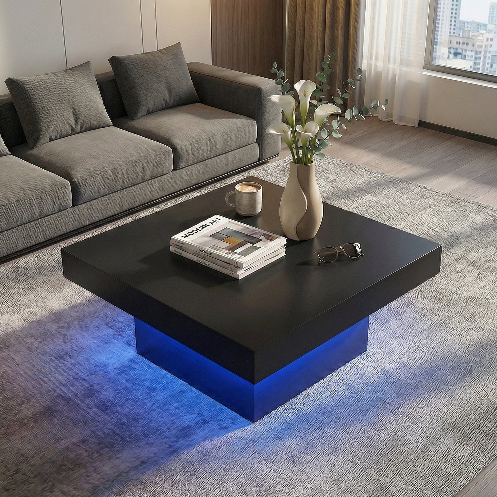 ELLEGNT LED Coffee Table with Remote Control-LED Lights, Adjustable Brightness and Speed, Modern Coffee Table for Living Room, Black