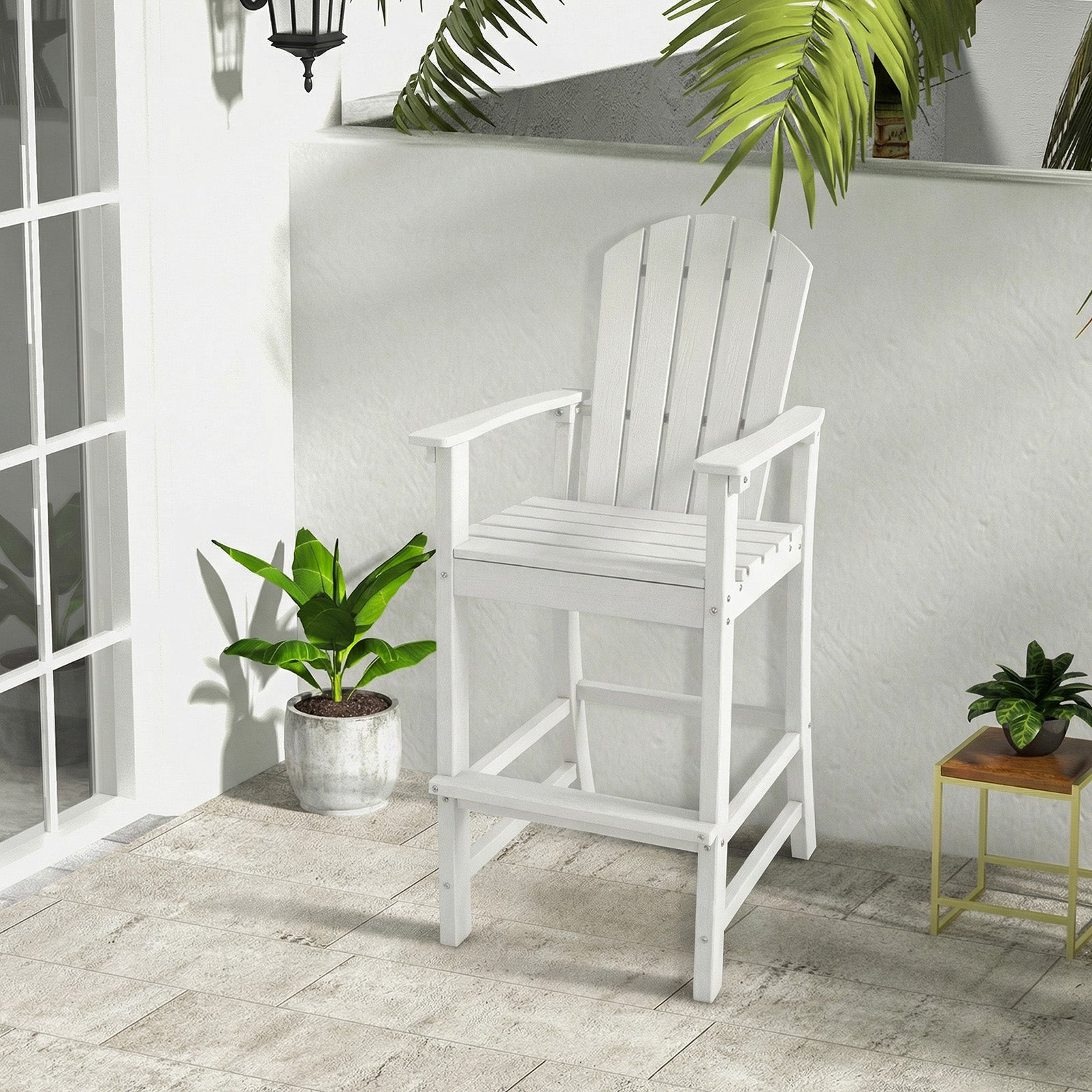 ELLEGNT HDPE Bar Stool 30 in-Outdoor Height Chair with Armrests and Footrest, All-Weather White for Patio