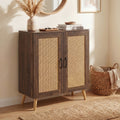 ELLEGNT 5-Tier Rattan Shoe Cabinet with 3 Removable Shelves-Narrow Entryway Storage Organizer with Solid Wood Legs Walnut