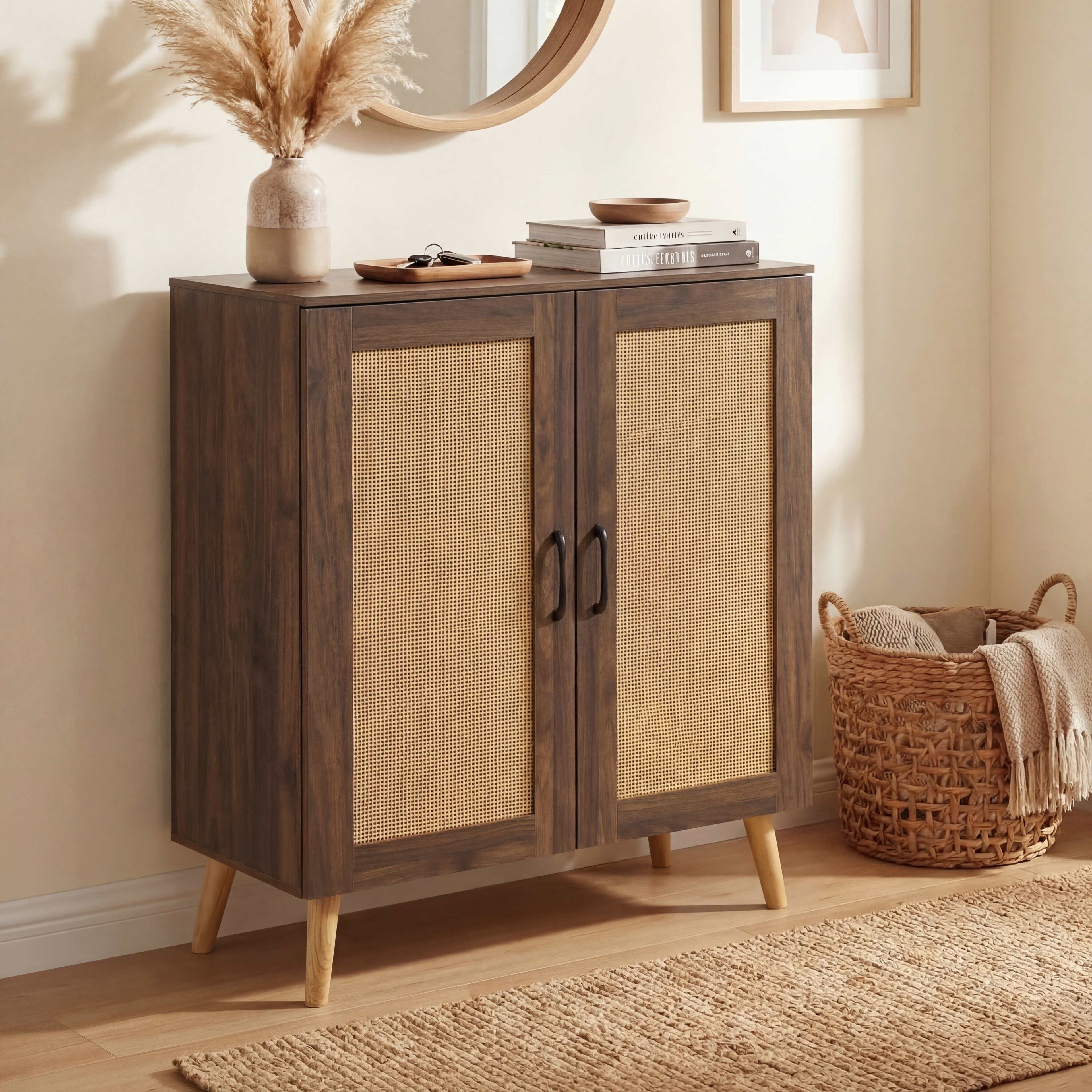 ELLEGNT 5-Tier Rattan Shoe Cabinet with 3 Removable Shelves-Narrow Entryway Storage Organizer with Solid Wood Legs Walnut