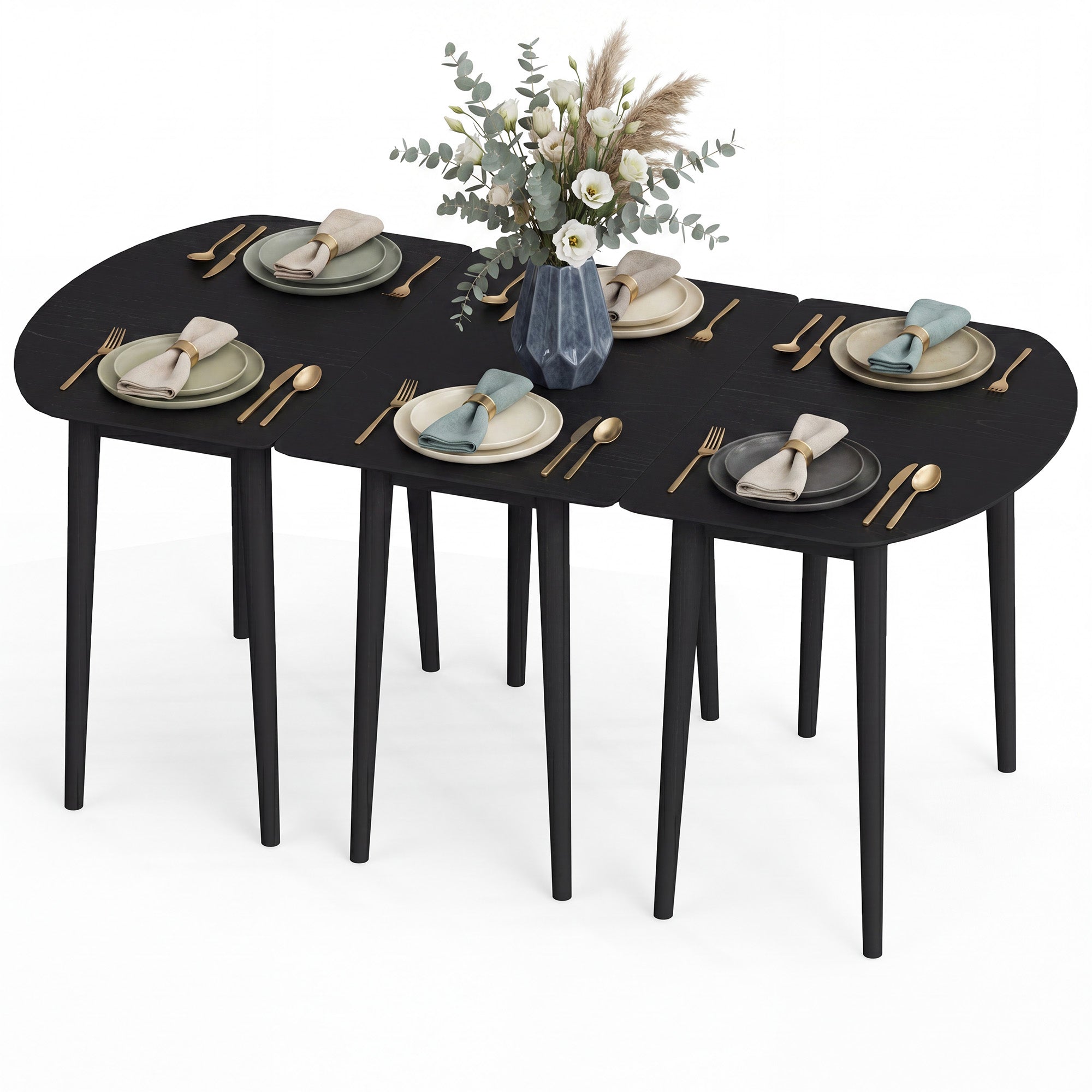 ELLEGNT 6-8 Person Extendable Dining Table Set - 2 Half-Round & 1 Rectangular Tables, Black