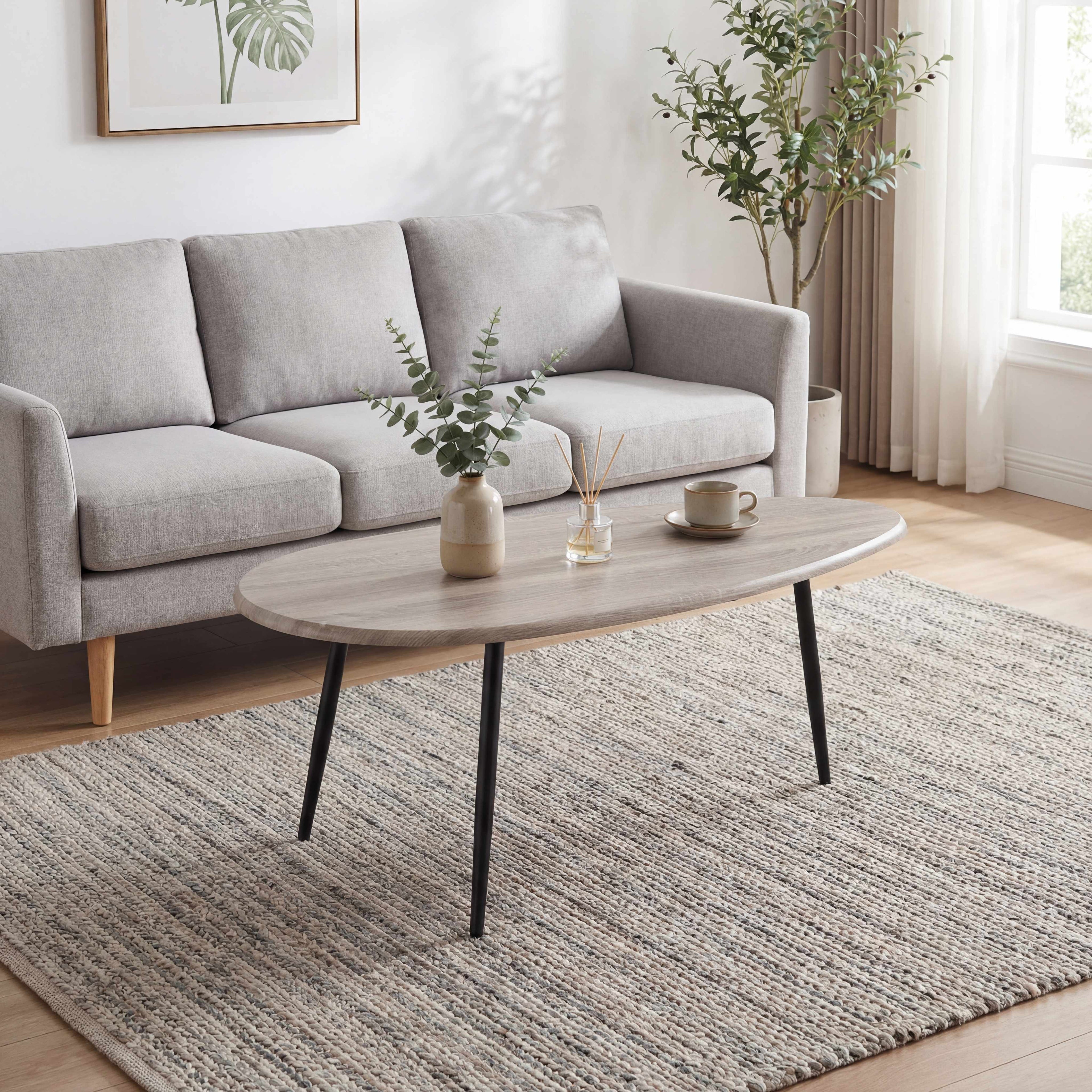 ELLEGNT Oval Coffee Table,Mid-Century Modern Center Table with Sturdy Metal Frame, Compact Retro Sofa Table for Living Room, Gray