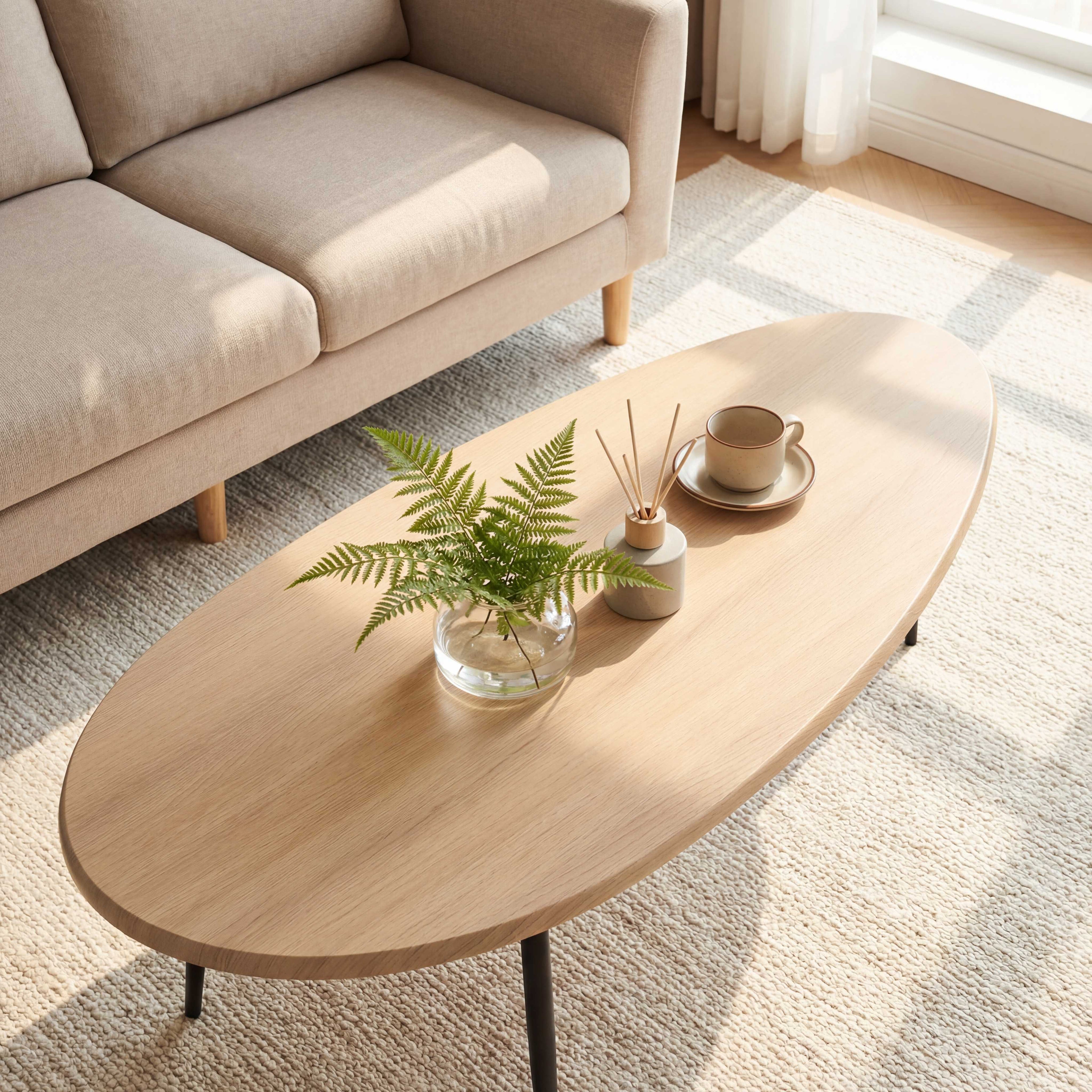 ELLEGNT Oval Coffee Table,Mid-Century Modern Center Table with Sturdy Metal Frame, Compact Retro Sofa Table for Living Room, Natural
