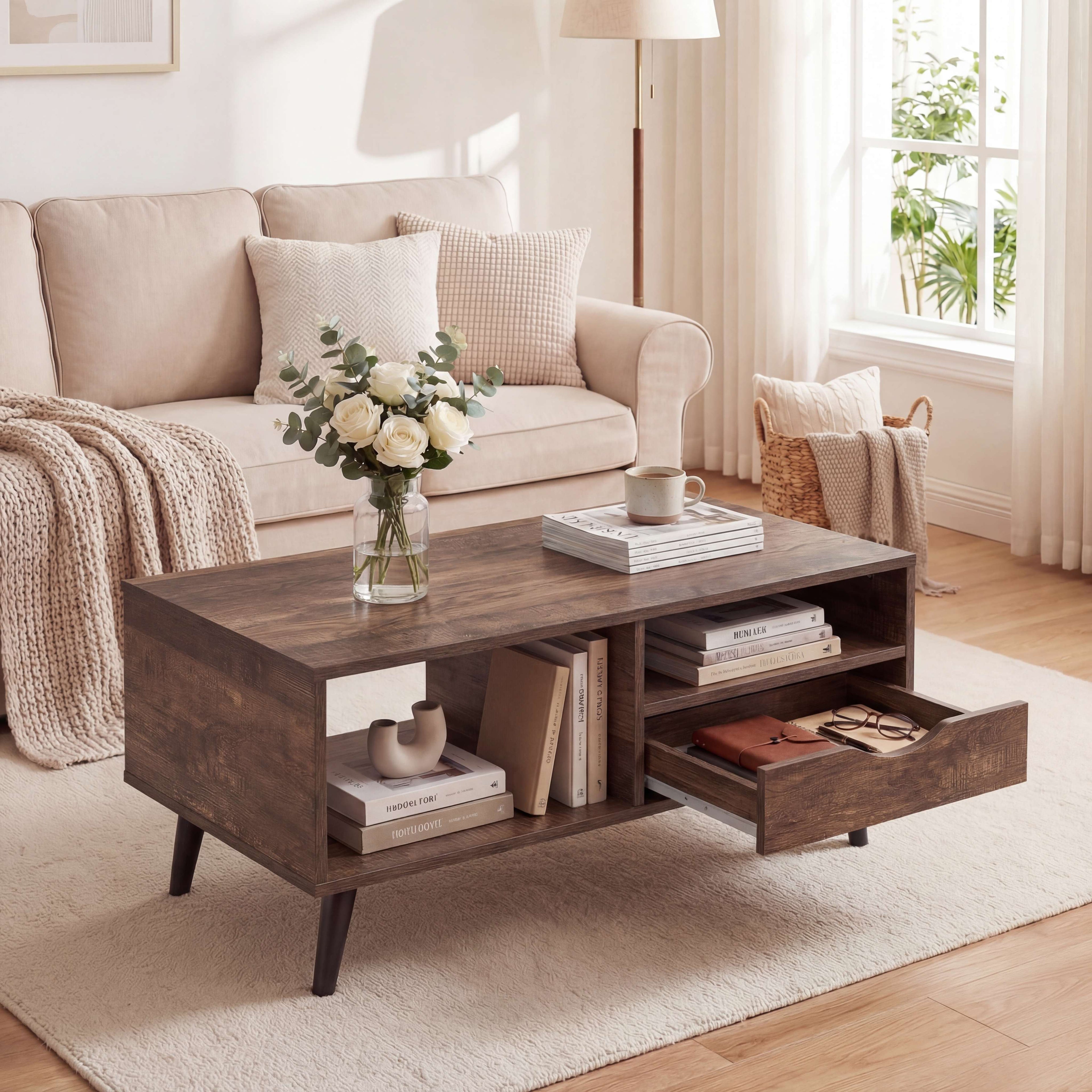 ELLEGNT Coffee Table with Storage Drawer and Open Shelves-Rustic Rectangle Center Table for Living Room, Walnut