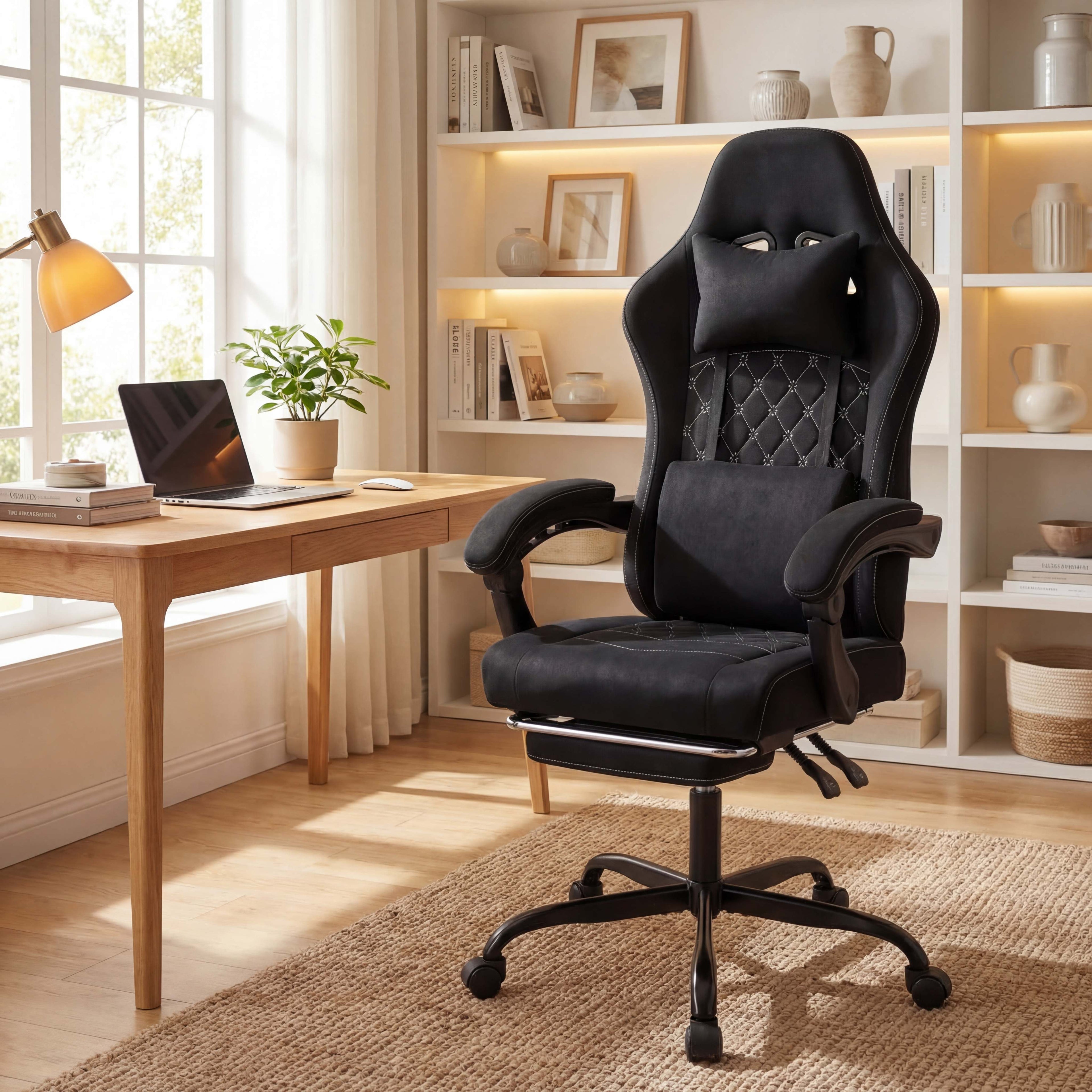ELLEGNT Height Adjustable Office Chair with Lumbar Support and Headrest-Ergonomic Computer Chair with Linkage Armrests Black