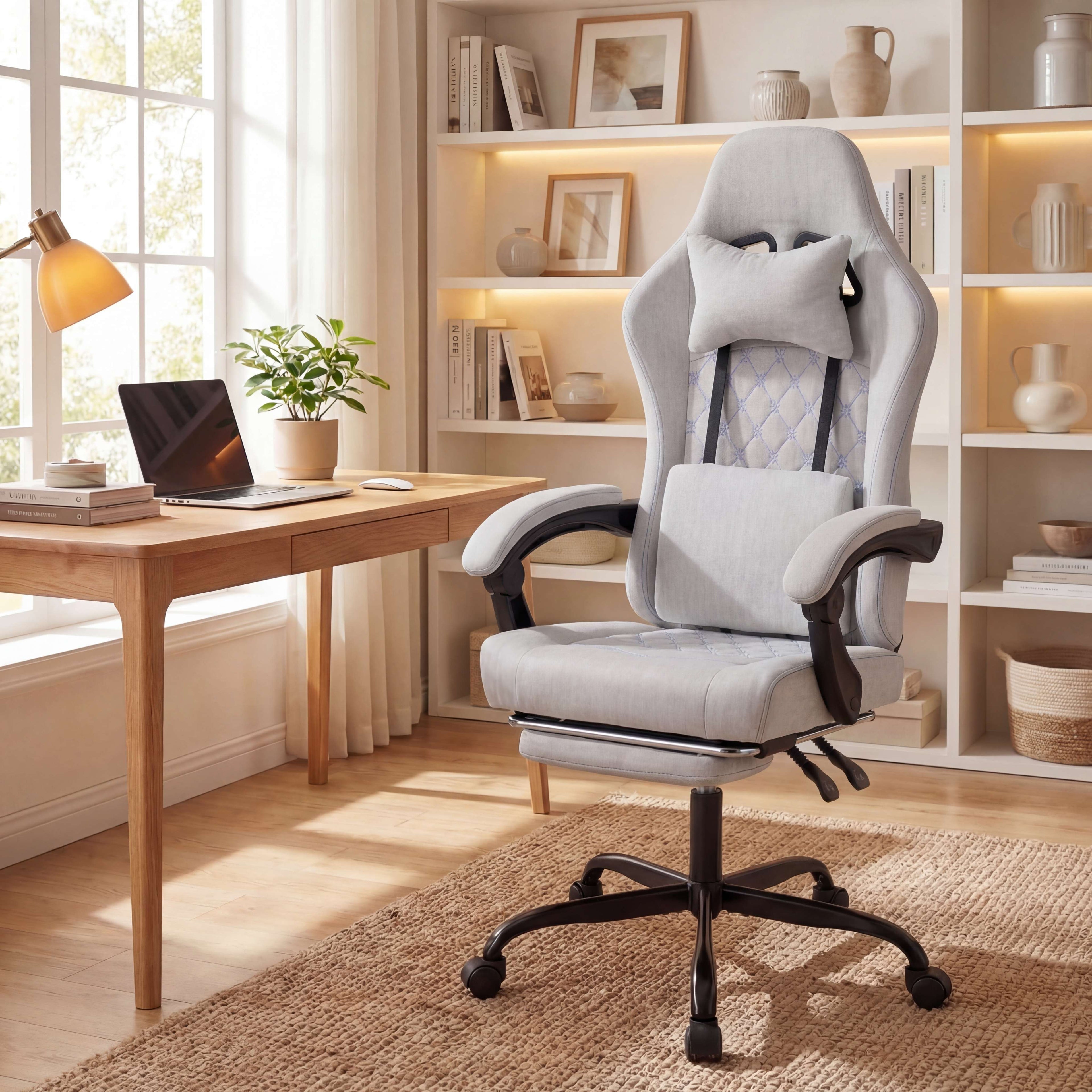 ELLEGNT Height Adjustable Office Chair with Lumbar Support and Headrest-Ergonomic Computer Chair with Linkage Armrests Gray