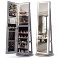 ELLEGNT 360 Swivel Jewelry Armoire-LED Lighted Full-Length Mirror Cabinet with Makeup Mirror, Gray