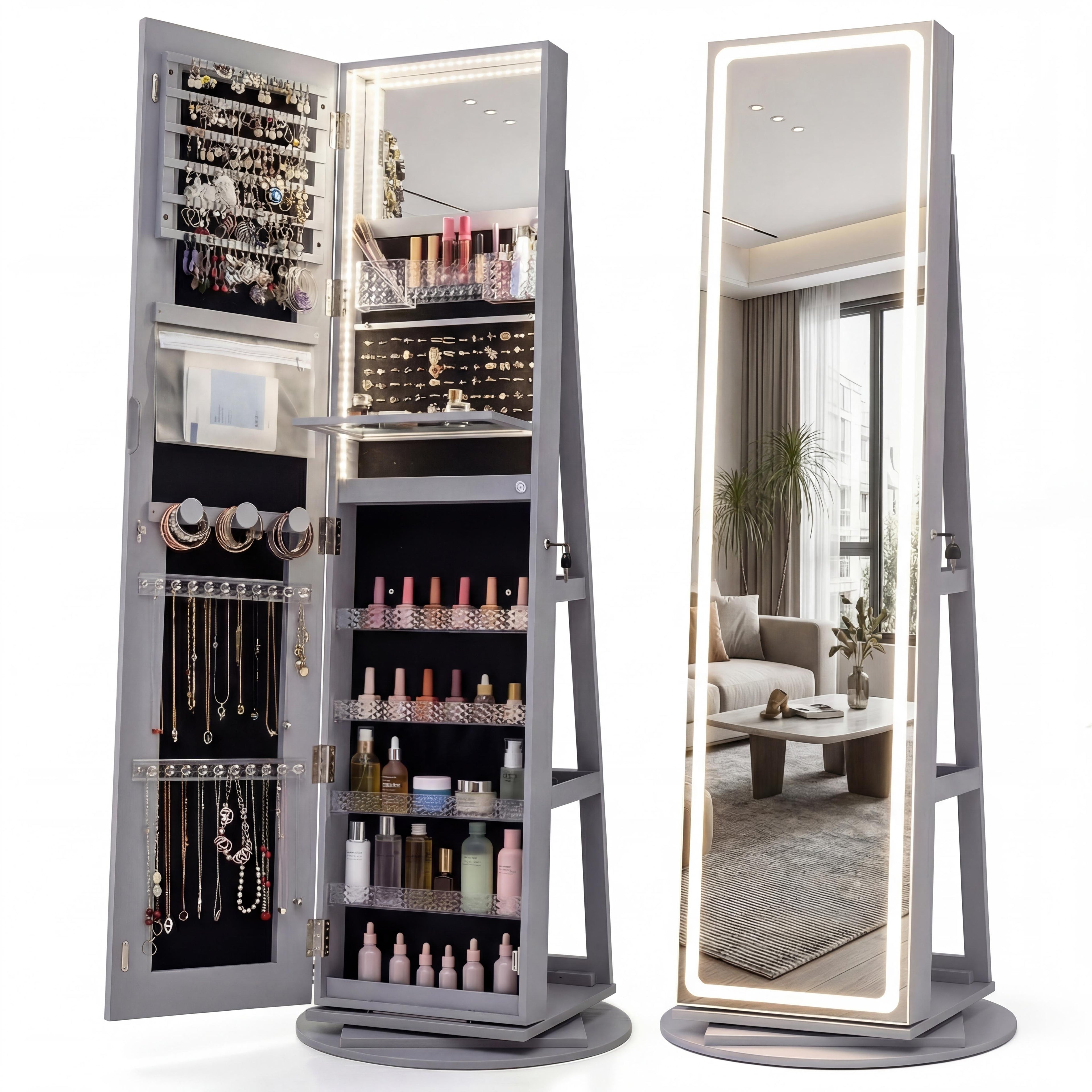 ELLEGNT 360 Swivel Jewelry Armoire-LED Lighted Full-Length Mirror Cabinet with Makeup Mirror, Gray