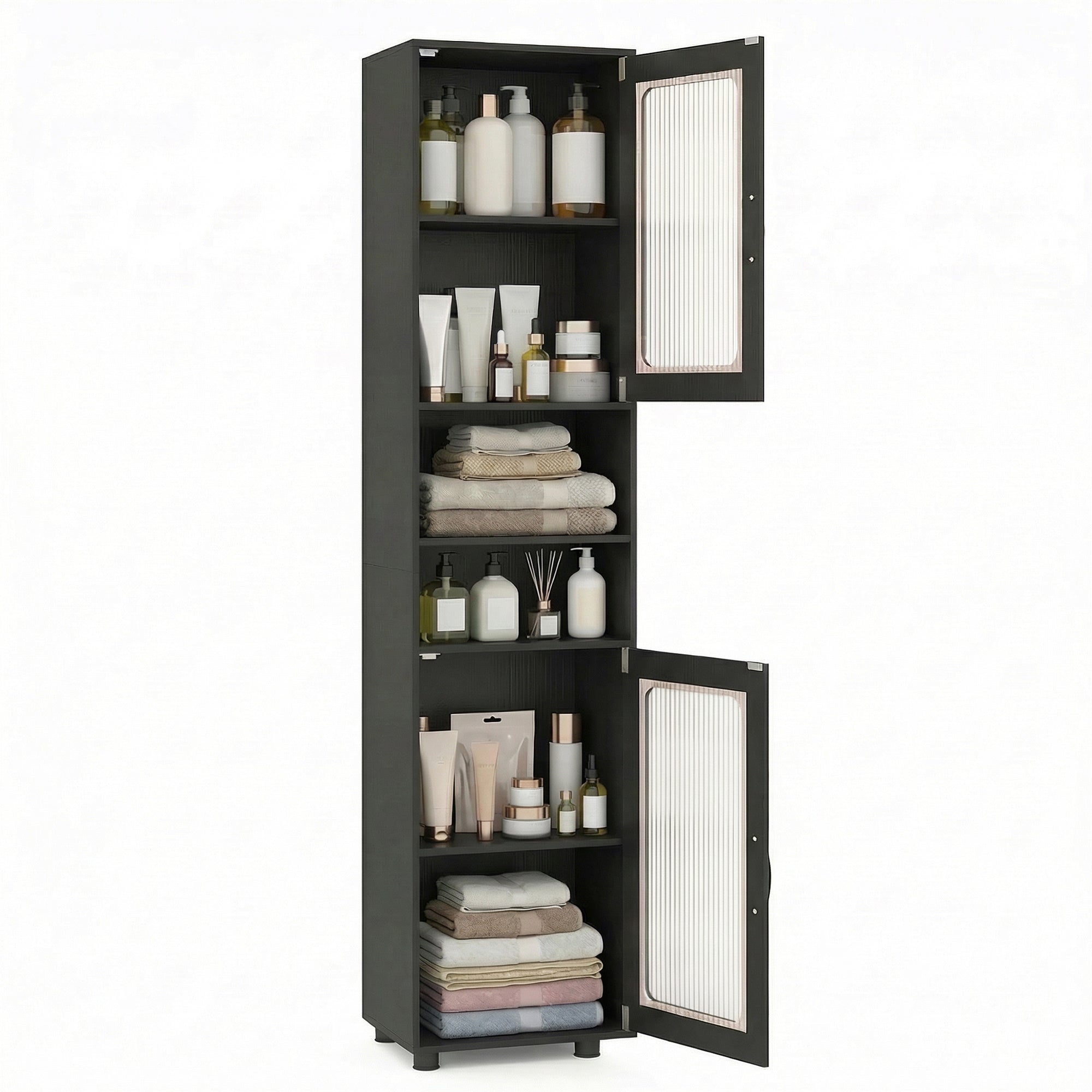 ELLEGNT 1 PCS Bathroom Cabinet - Floor Storage, 2 Fluted Doors, 4 Rubber Feet, Black