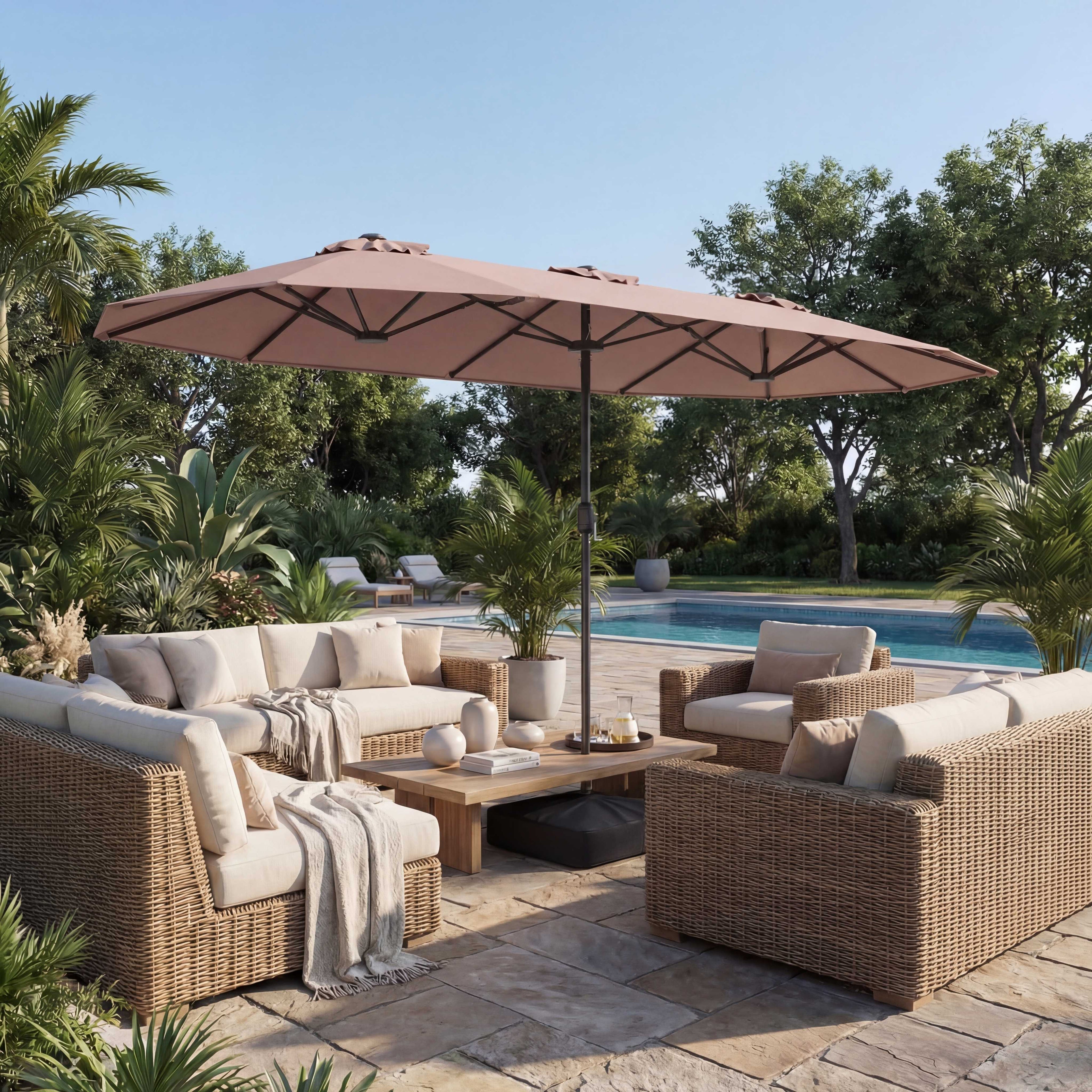 ELLEGNT 13FT Double-Sided Patio Umbrella- with Crank Handle, Safety Lock and Base Tan