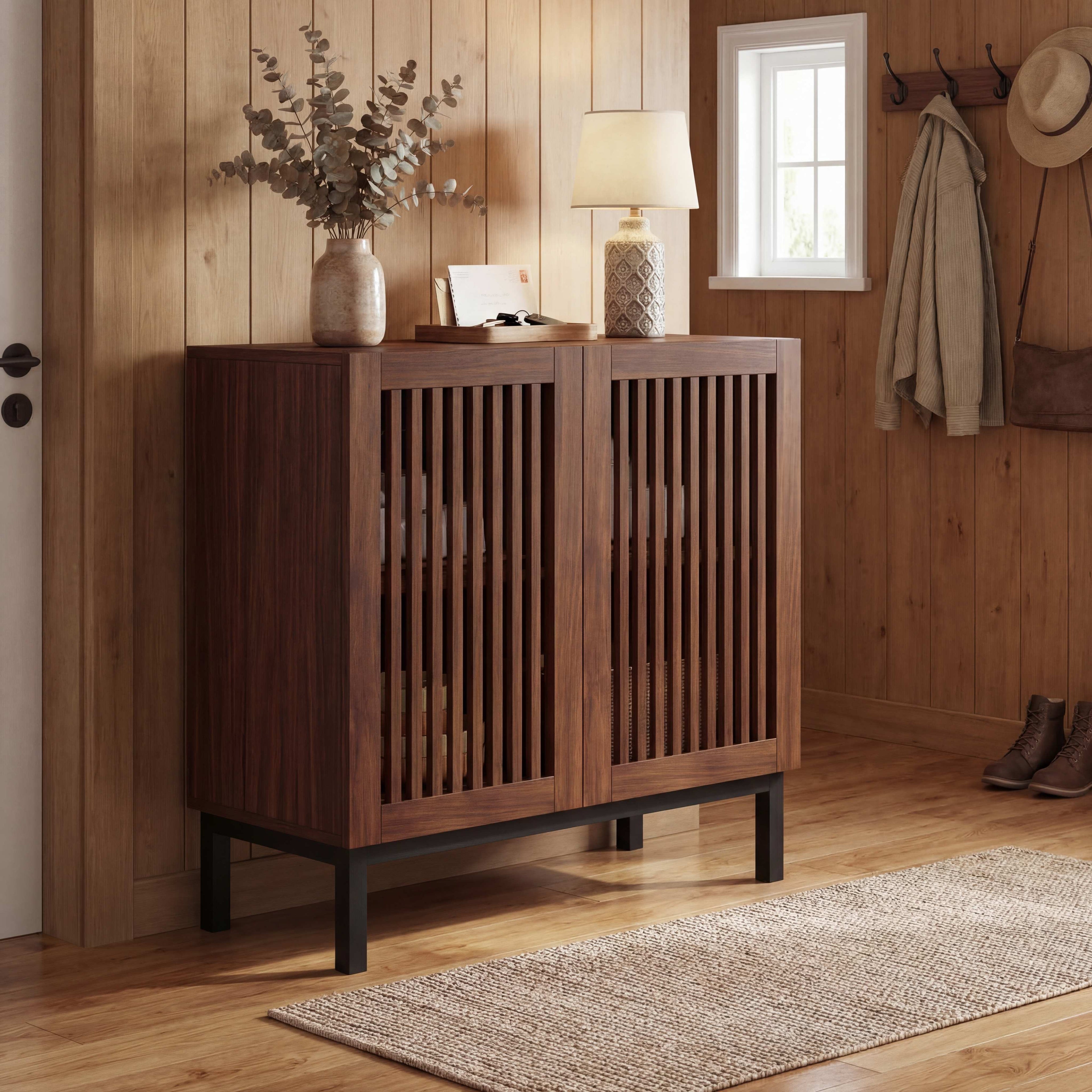 ELLEGNT 32 in Wooden Buffet Cabinet with 2 Doors-Walnut + Black Sideboard with Storage for Coffee Bar
