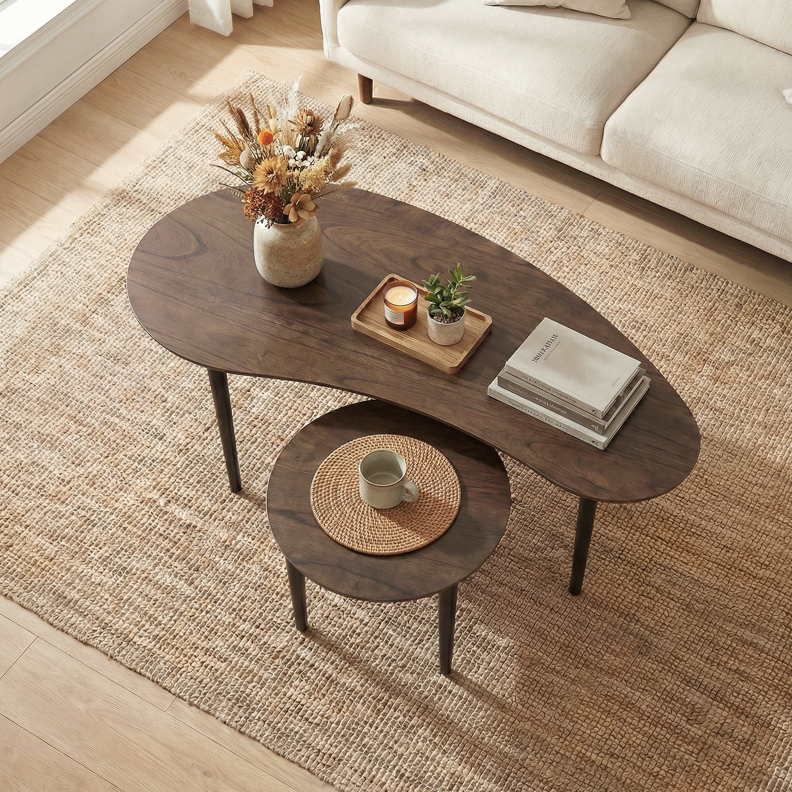 ELLEGNT Modern Nesting Coffee Tables Set of 2, Solid Wood Leg Accent Tables with Clean Minimalist Design