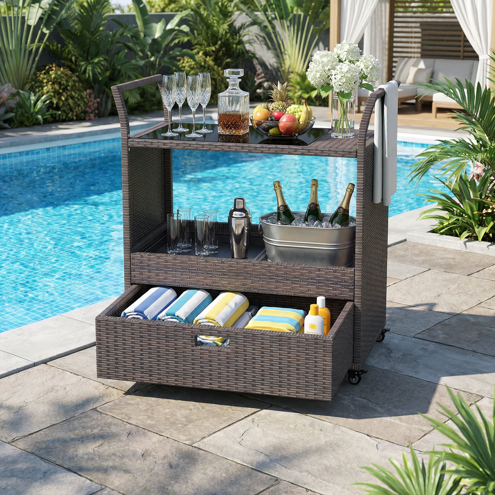 ELLEGNT Mobile Rattan Wicker Kitchen Island Cart on Wheels with Storage Shelves-Perfect for Dining, Serving, or Restaurant Organization