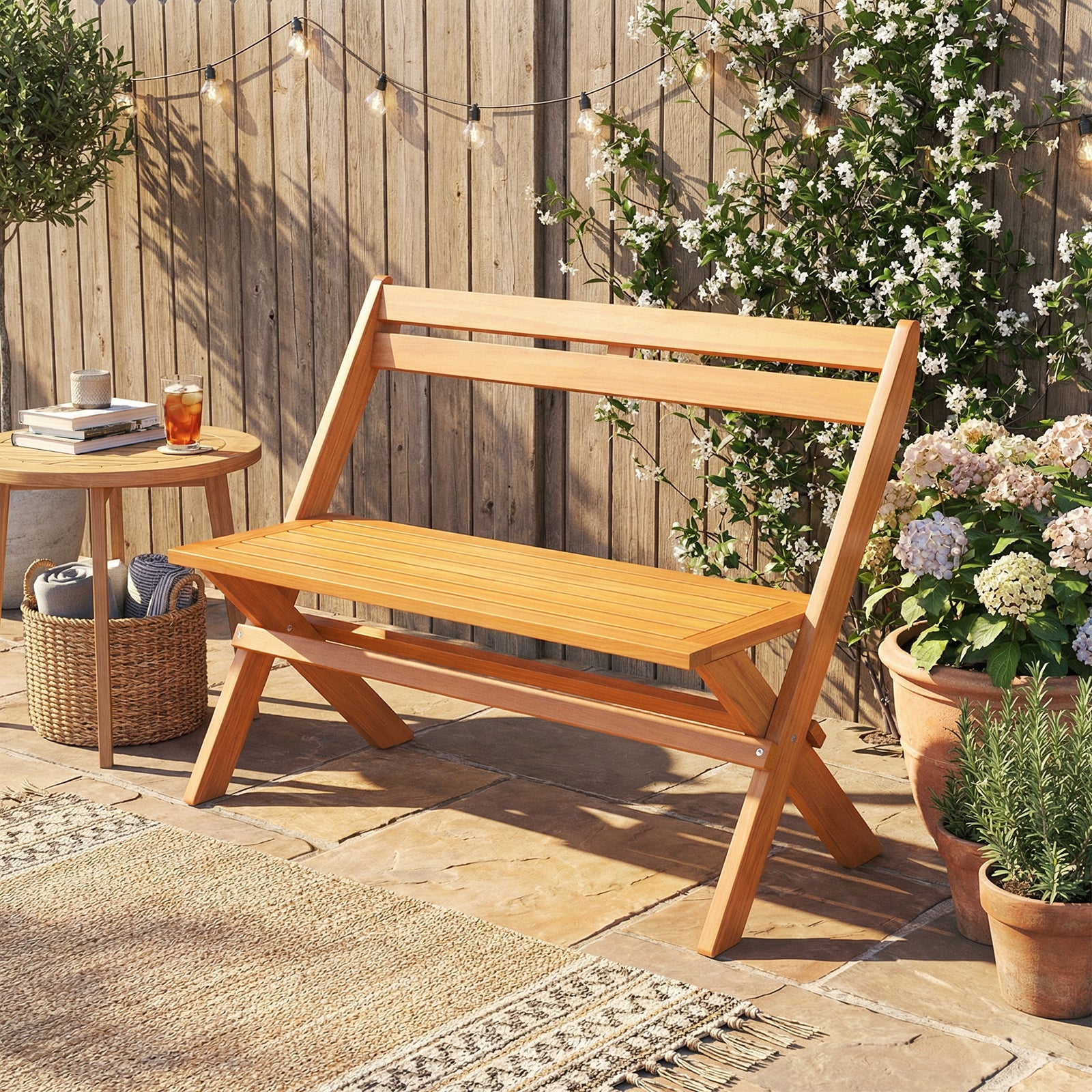 ELLEGNT Foldable Garden Loveseat-Acacia Wood Outdoor Bench for Two, Perfect for Patios