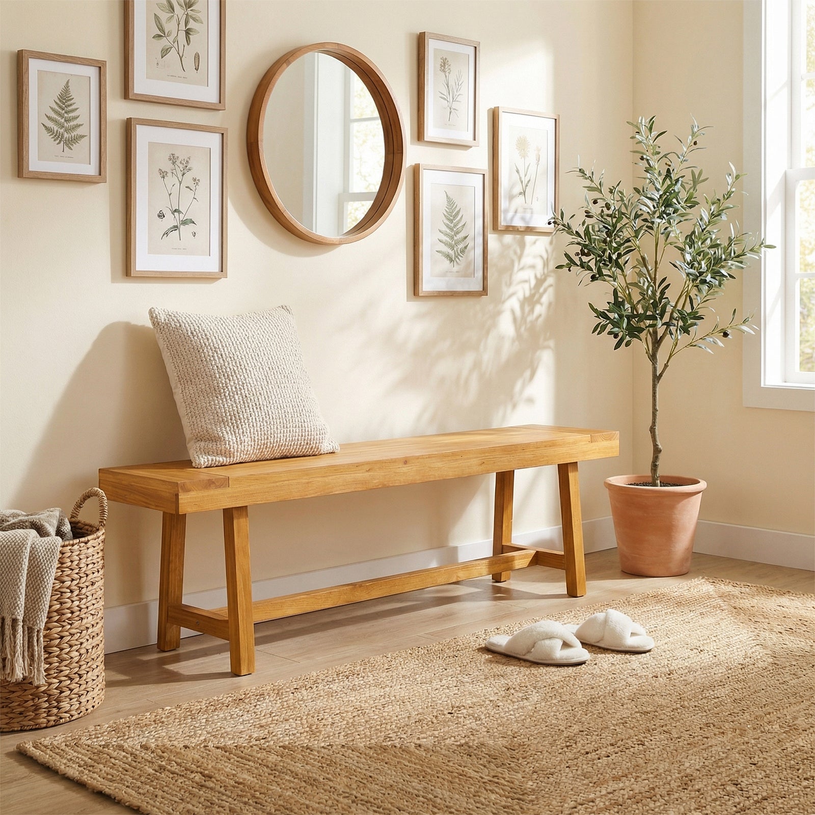 ELLEGNT 63-Inch Solid Wood Entryway Bench, Farmhouse Style Narrow Seating for 3 People