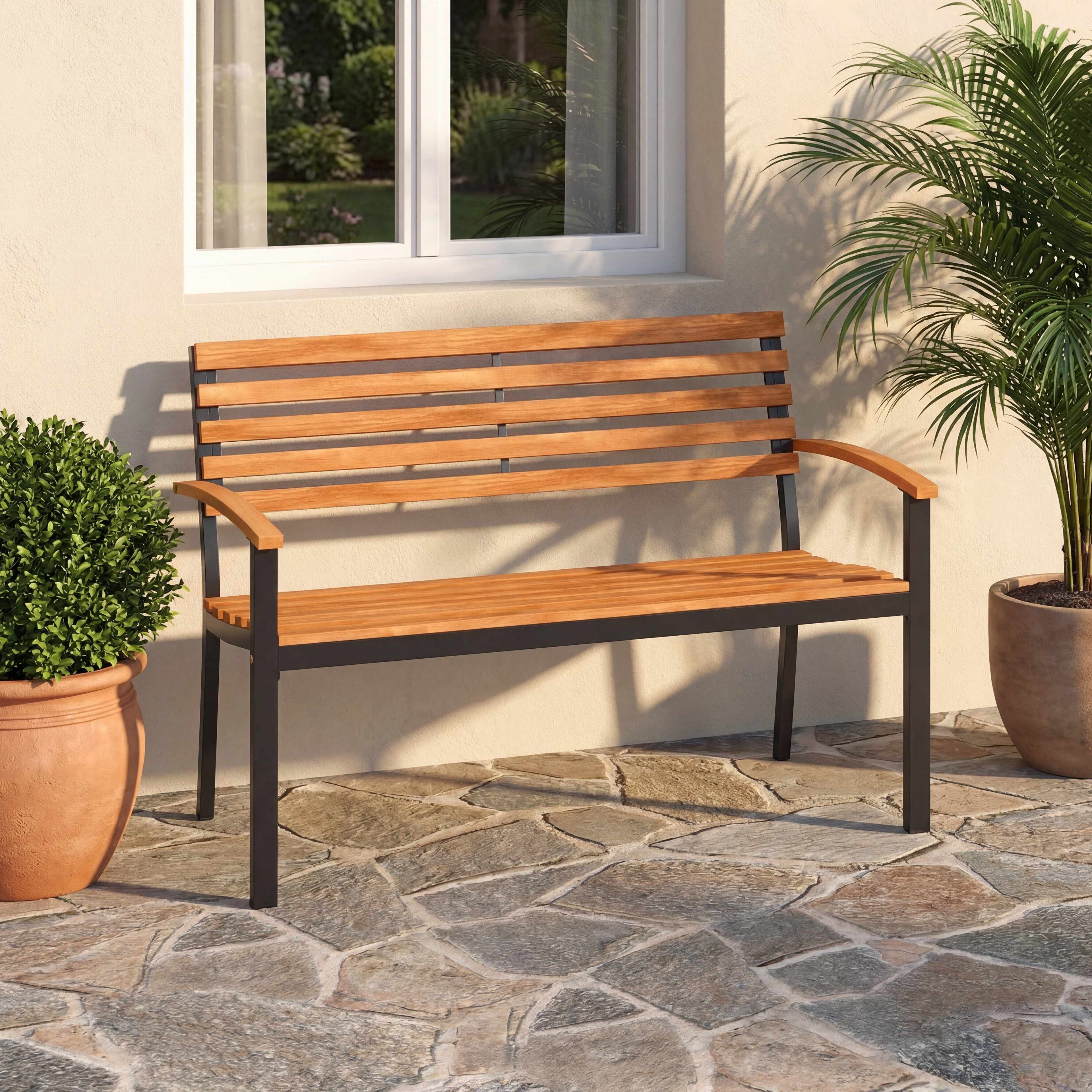 ELLEGNT Patio Loveseat Bench-Acacia Wood Garden Bench with Comfortable Backrest and Armrests for Outdoor Seating