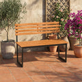 ELLEGNT Acacia Wood Outdoor Loveseat Bench with Heavy Duty Black Metal Frame and Backrest