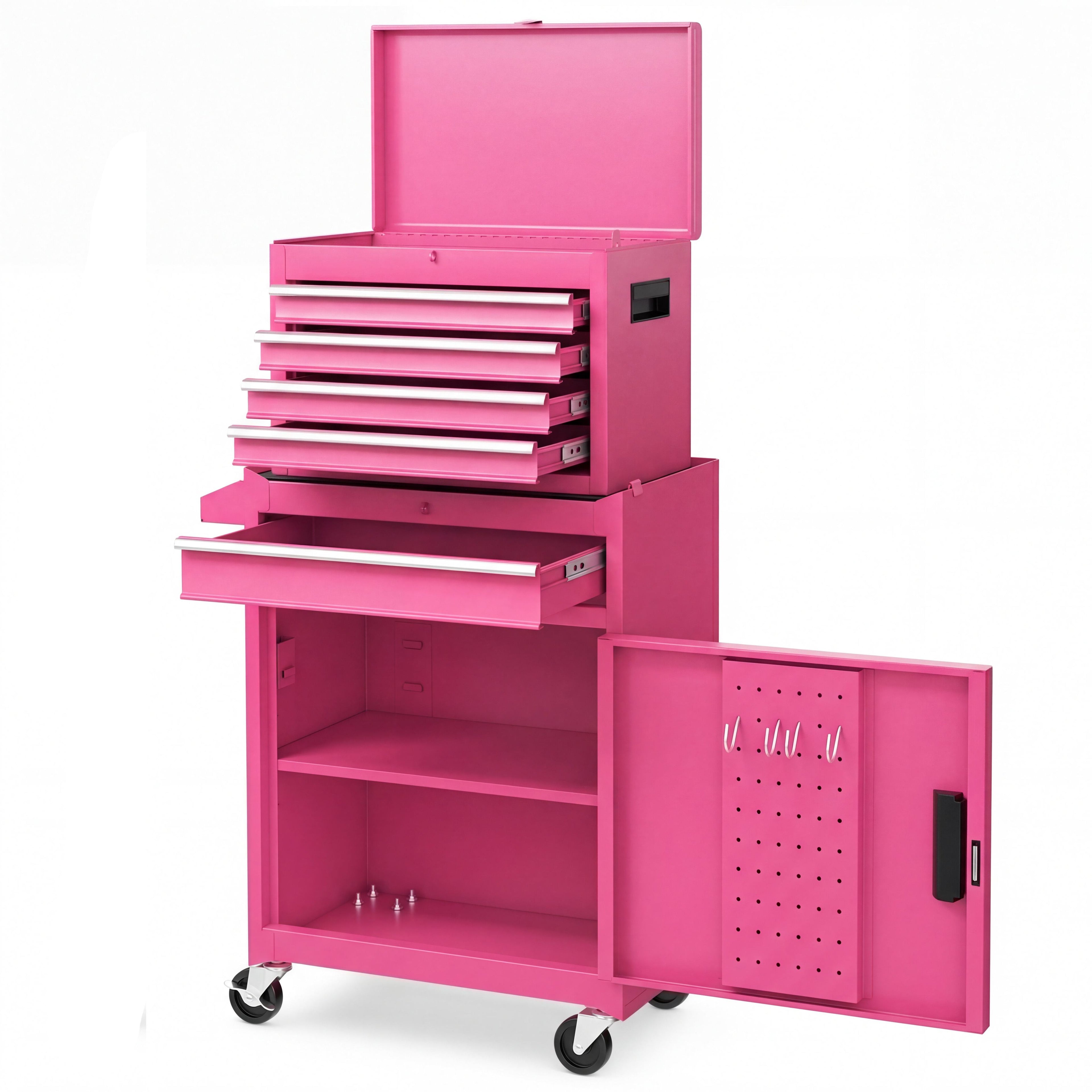 ELLEGNT 2-in-1 Rolling Tool Chest with 5 Drawers, Garage Cabinet and Workstation Combo on Wheels, Pink