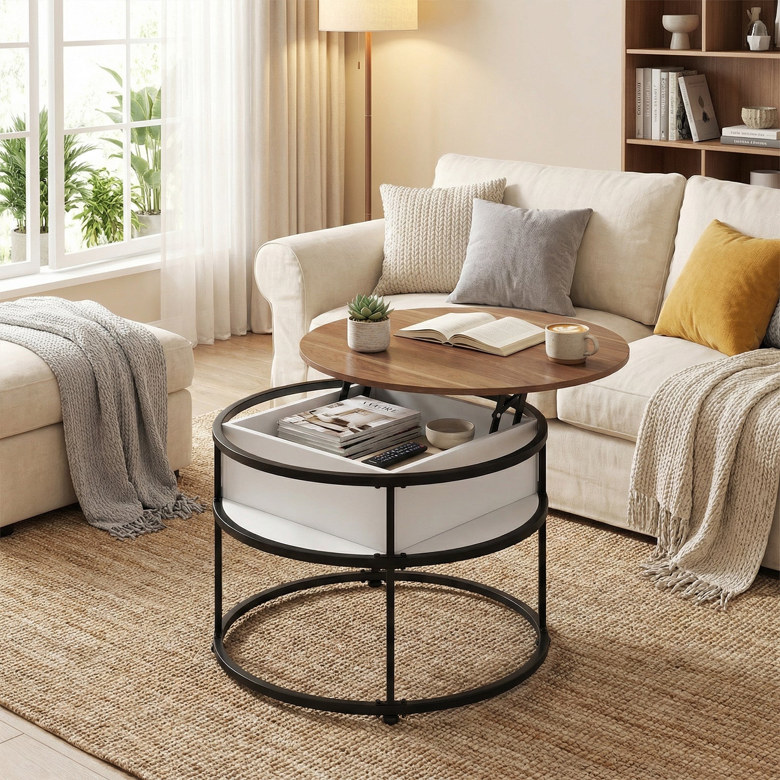 ELLEGNT 31.5 in Lift Top Coffee Table for Living Room, Hidden Compartment and Open Shelves for Snacks, Books, and Work, Black