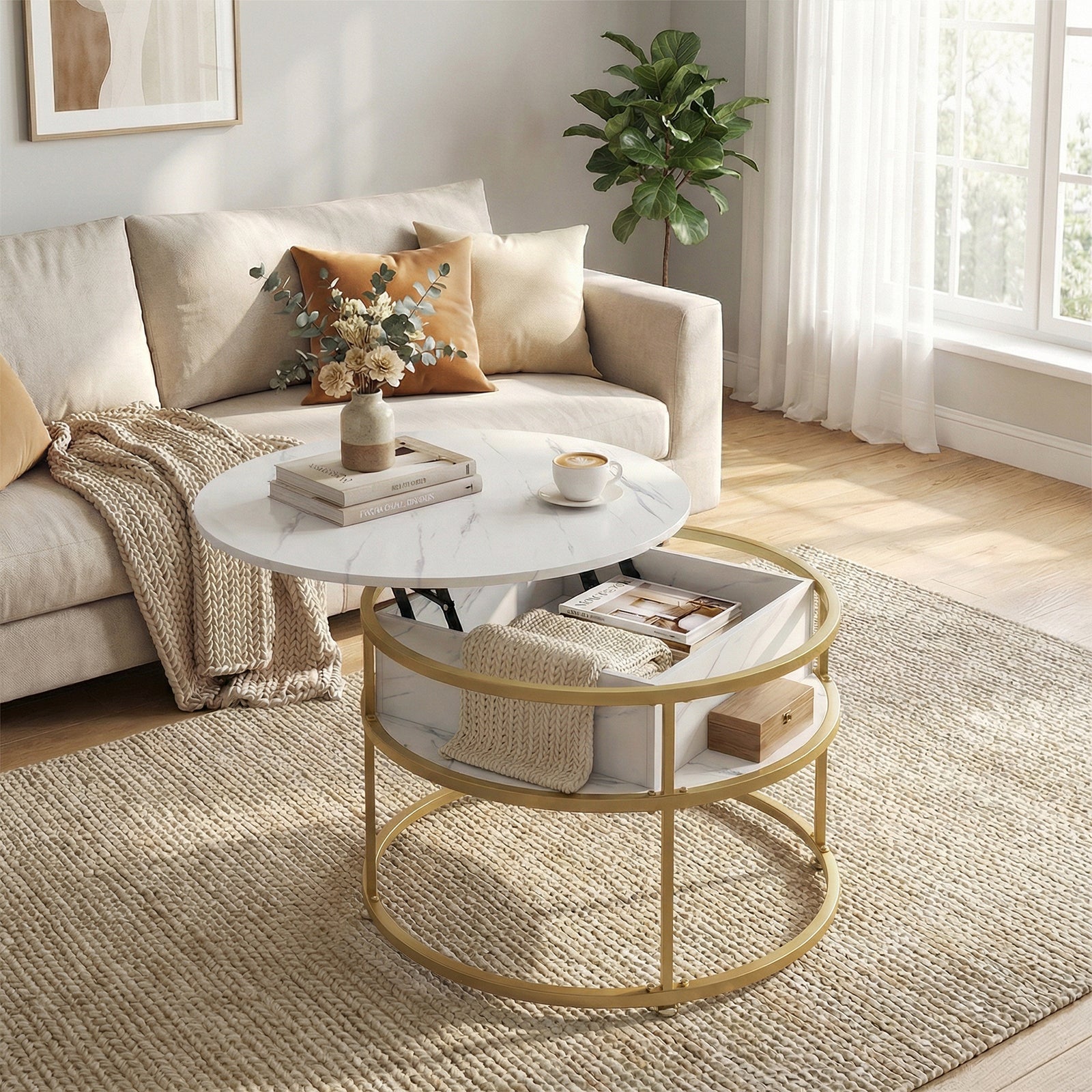 ELLEGNT 31.5 in Lift Top Coffee Table for Living Room, Hidden Compartment and Open Shelves for Snacks, Books, and Work, White