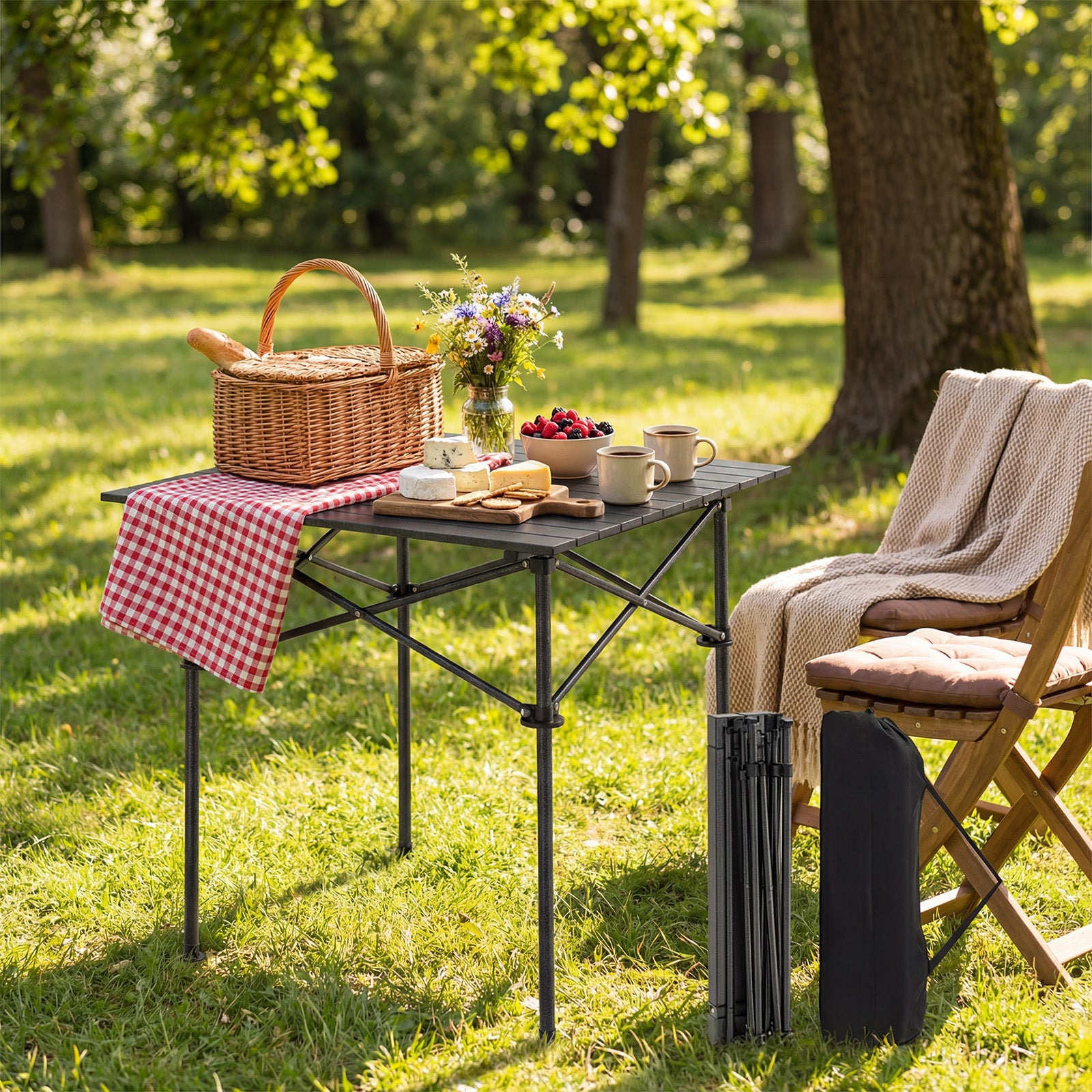 ELLEGNT Folding Roll-up Table for Camping-Portable Picnic Table with Metal Legs and Carry Bag for Hiking, BBQ, Black