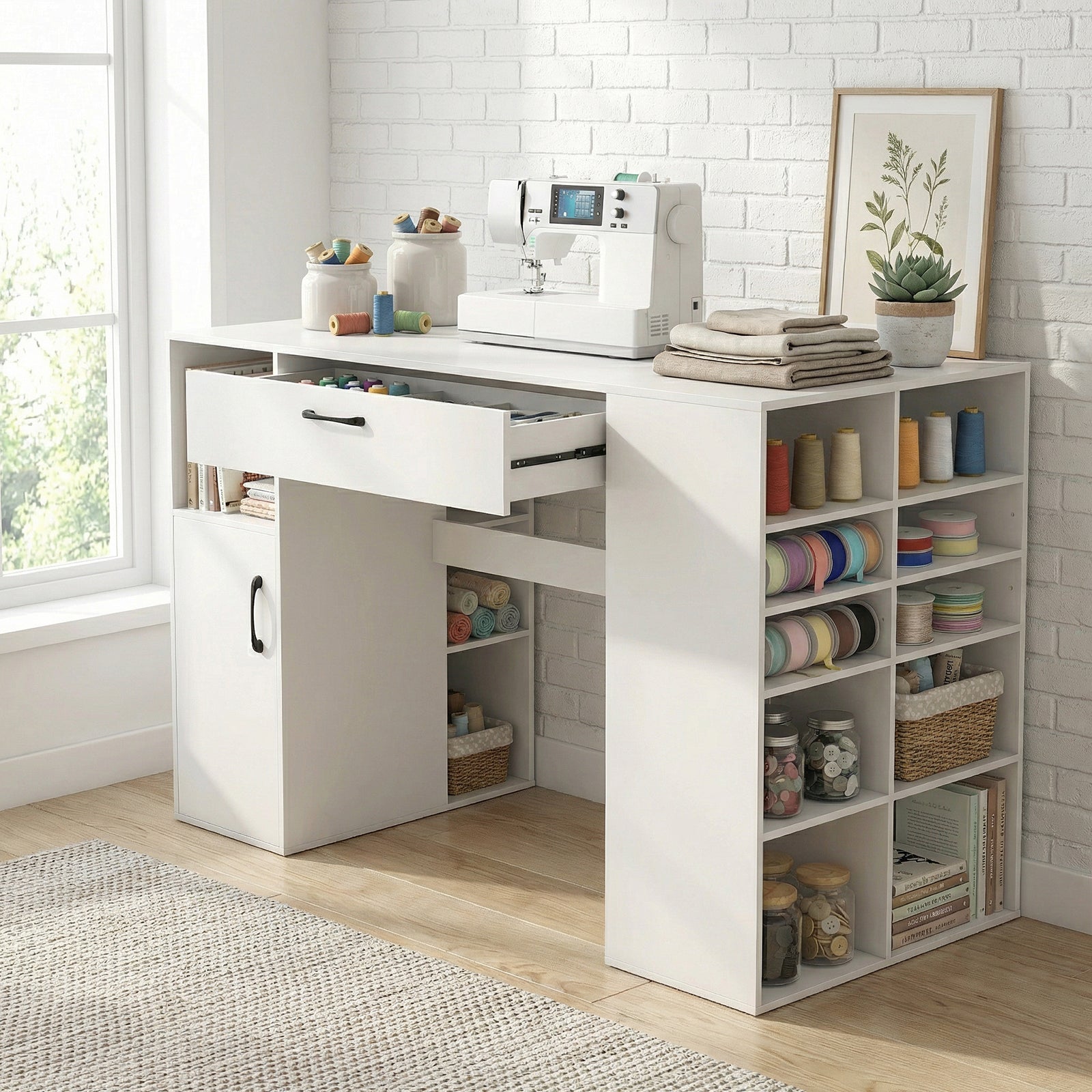 ELLEGNT Counter Height Computer Desk with Adjustable Shelves and Drawer-Sewing Craft Table for Home Office, Craft Room